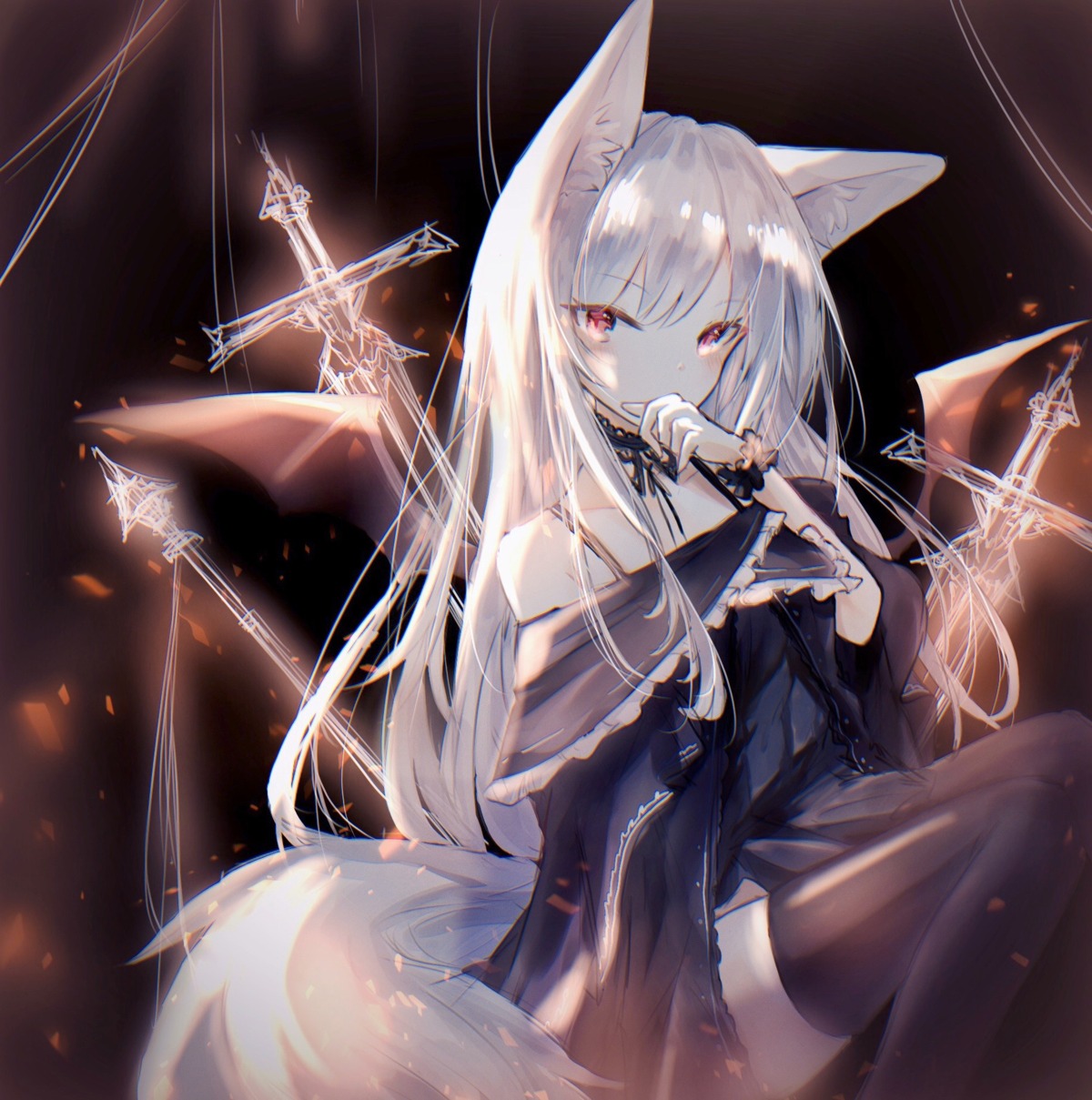 animal_ears, dress, kitsune, miyu_(miy_u1308), sword, tail, thighhighs