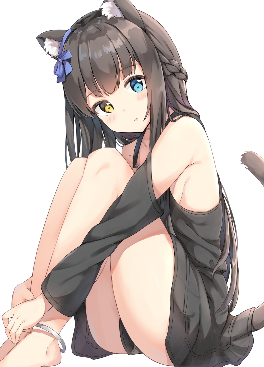 animal_ears, ass, dress, feet, heterochromia, keiran_(ryo170), nekomimi, no_bra, skirt_lift, tail