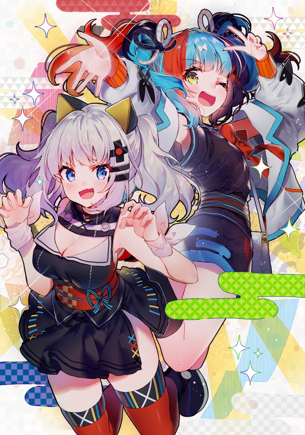 cleavage, crossover, fate/grand_order, japanese_clothes, kaguya_luna, kawachi_rin, sei_shounagon_(fate), the_moon_studio