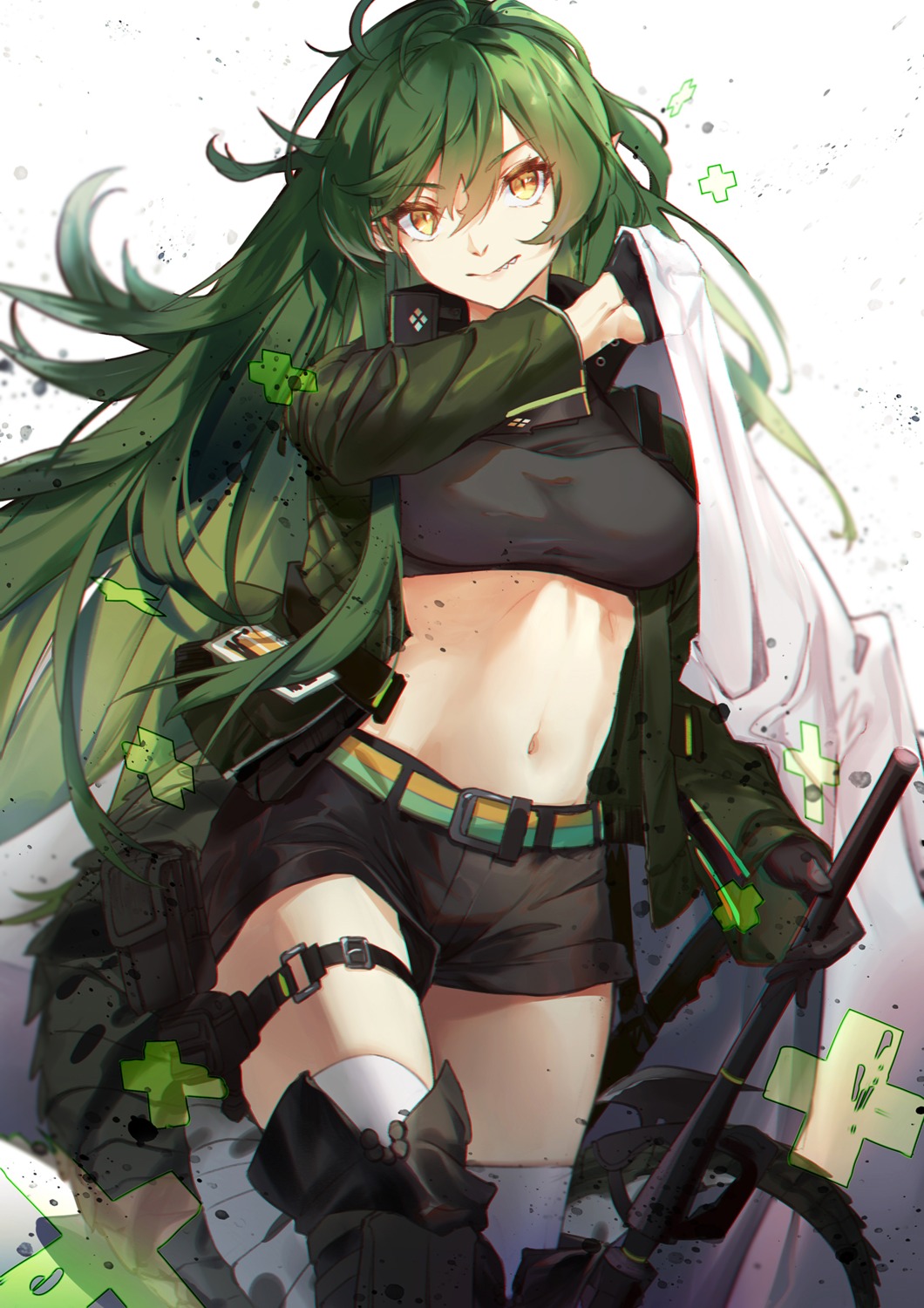 arknights, bk201, garter, gavial_(arknights), thighhighs, weapon