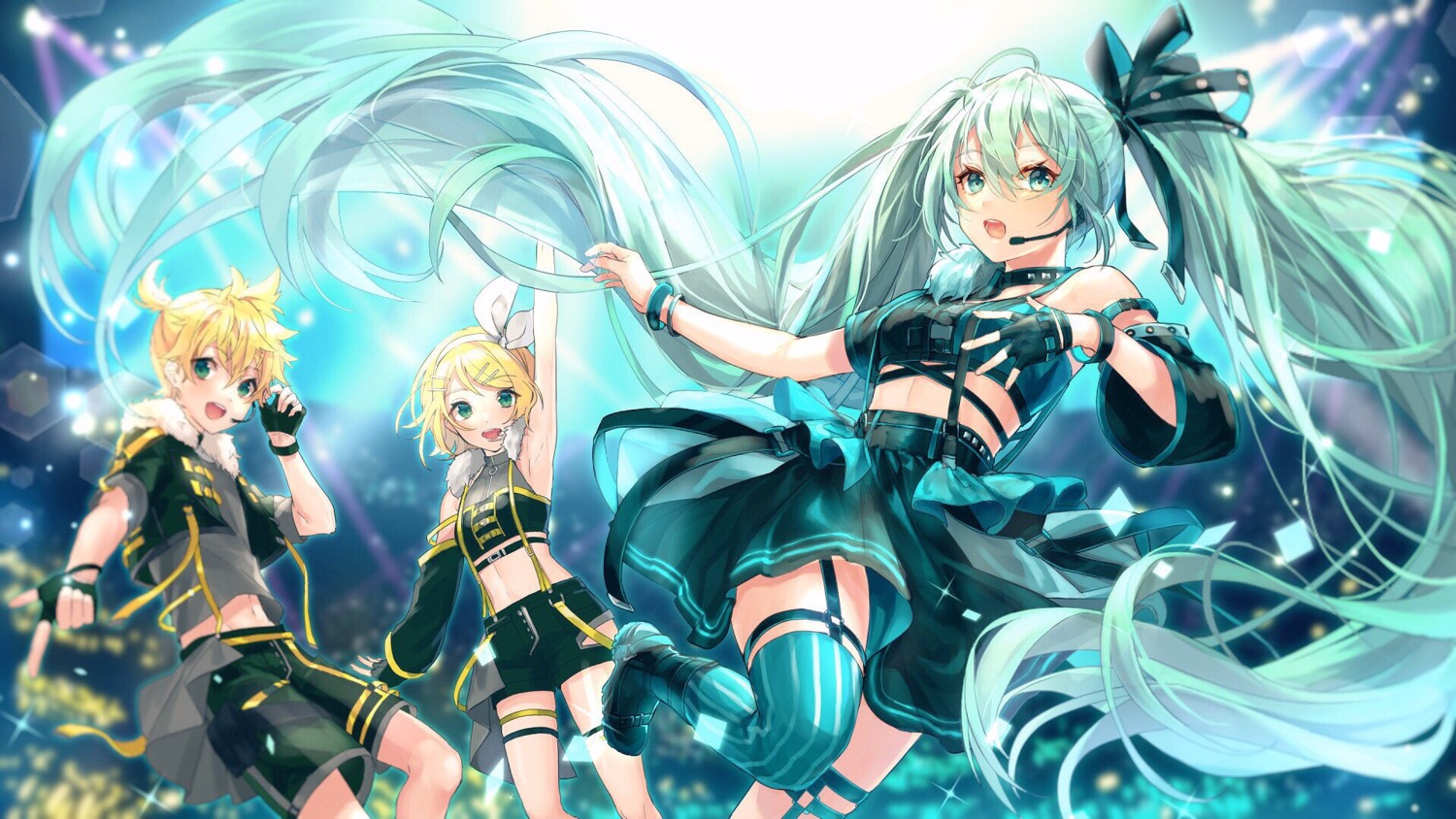 garter, hatsune_miku, kagamine_len, kagamine_rin, shinotarou_(nagunaguex), stockings, thighhighs, vocaloid