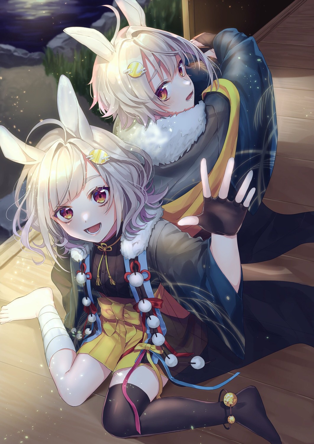 animal_ears, bandages, bunny_ears, japanese_clothes, shinotarou_(nagunaguex), thighhighs