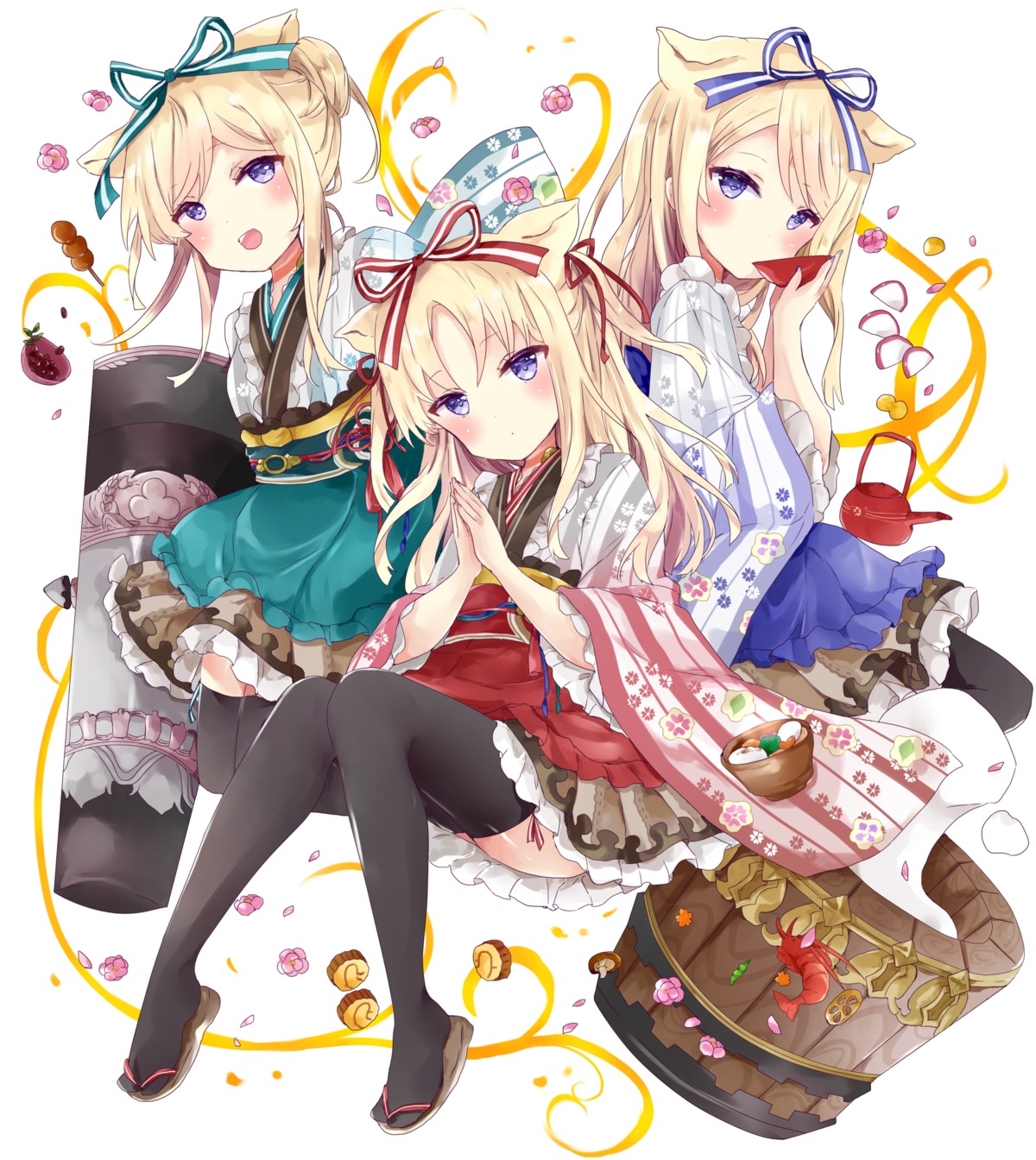 animal_ears, lolita_fashion, sinoalice, skirt_lift, thighhighs, three_little_pigs_(sinoalice), tsukiyo_(skymint), wa_lolita