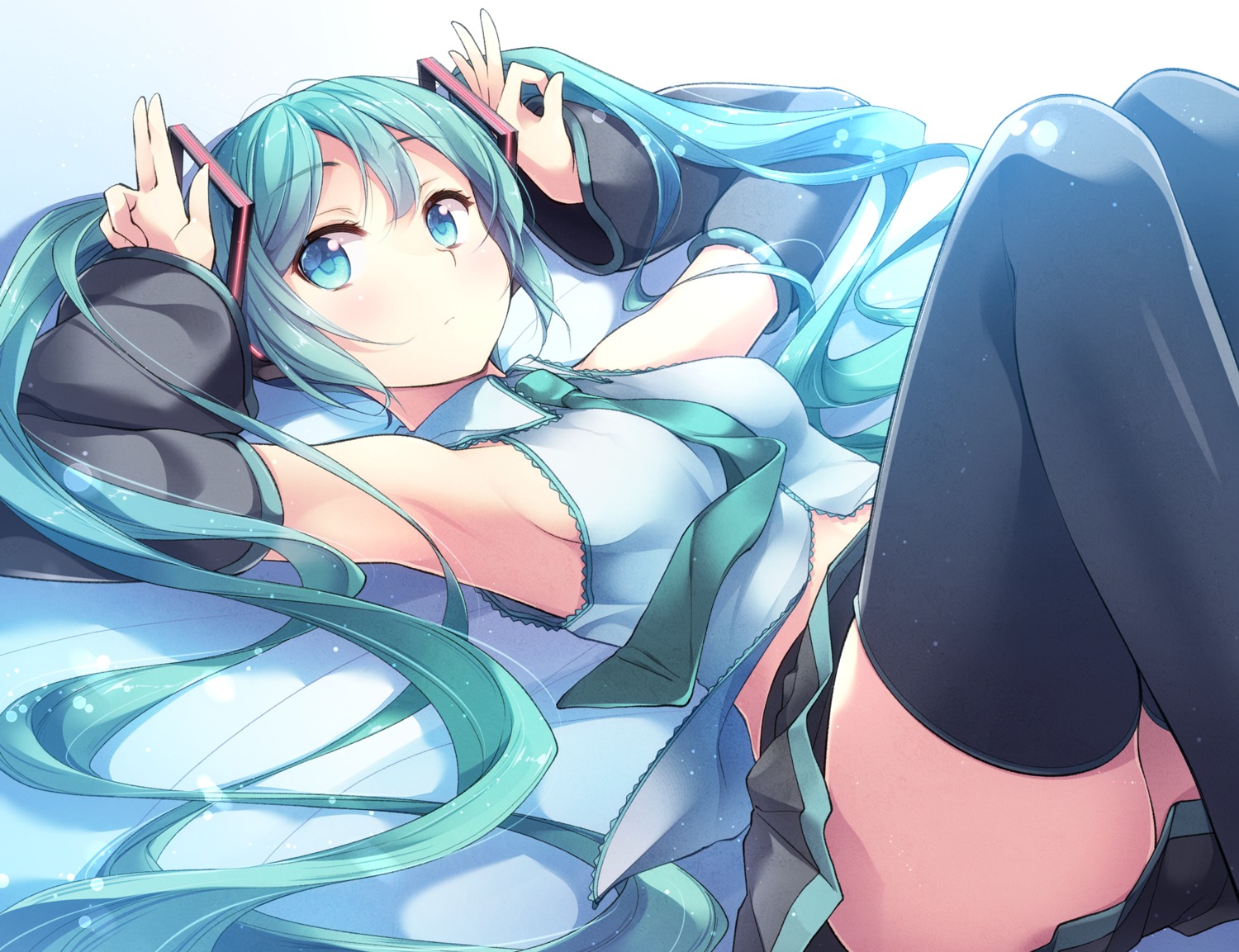 hatsune_miku, headphones, matsuuni, skirt_lift, thighhighs, vocaloid