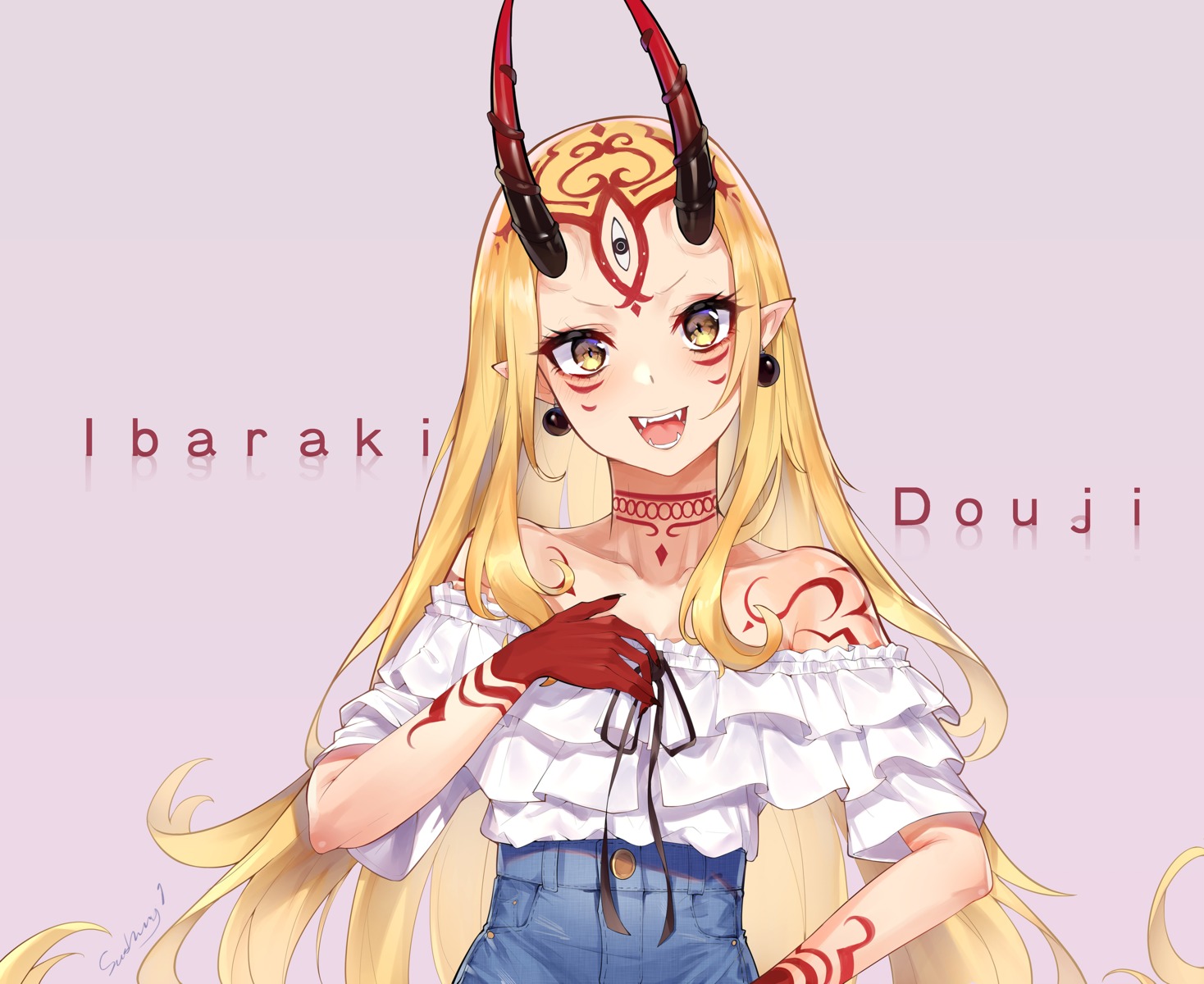 fate/grand_order, horns, ibaraki_douji_(fate), kaer_sasi_dianxia, pointy_ears, tattoo