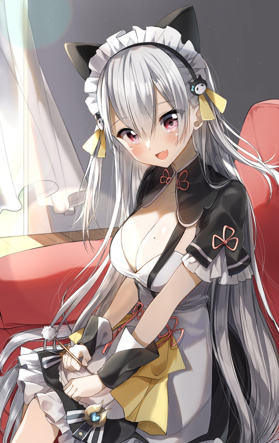animal_ears, cleavage, hourei_tenten, indie_virtual_youtuber, maid, nekomimi, pentagon