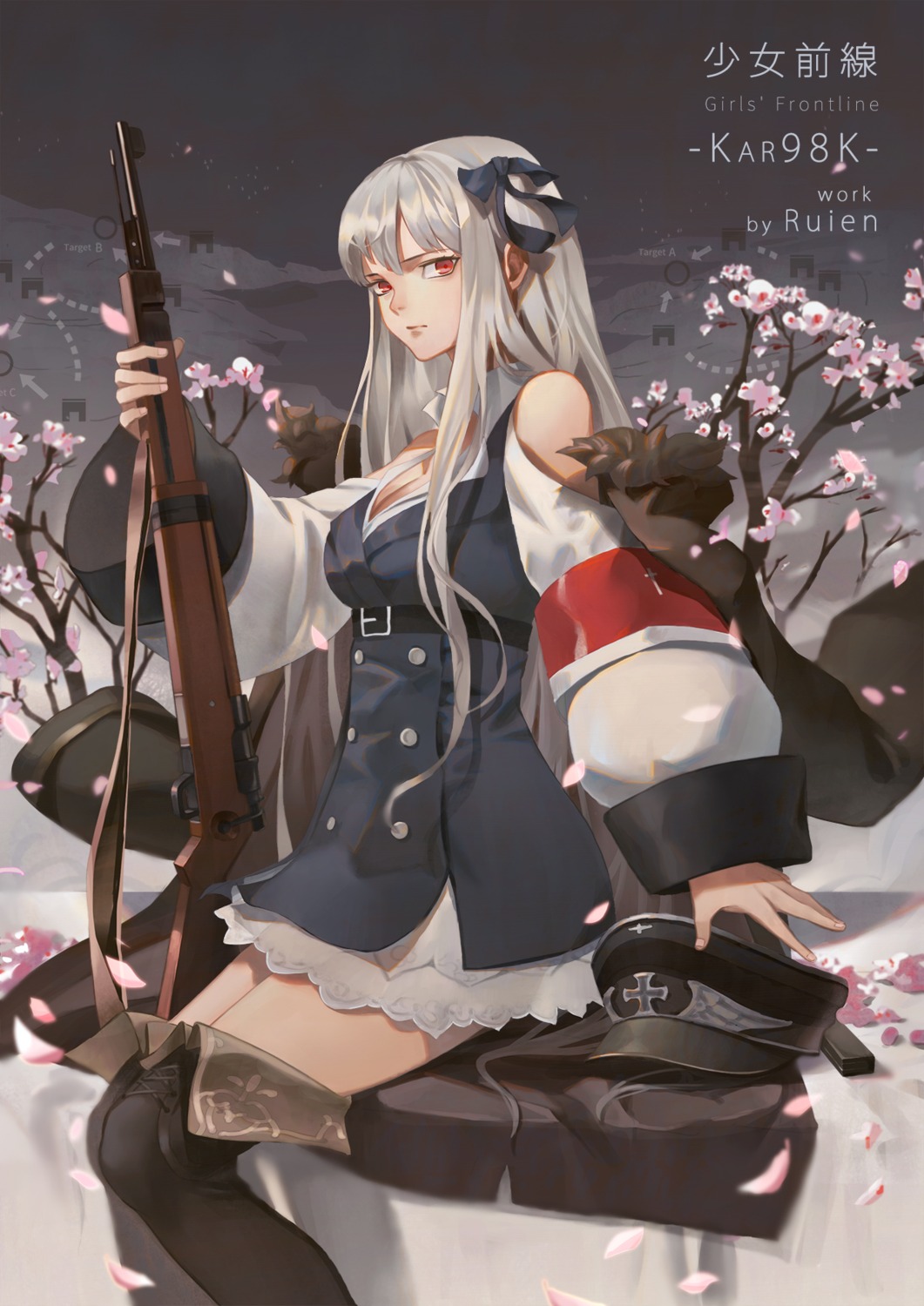cleavage, girls_frontline, gun, kar98k_(girls_frontline), ruien, thighhighs, uniform