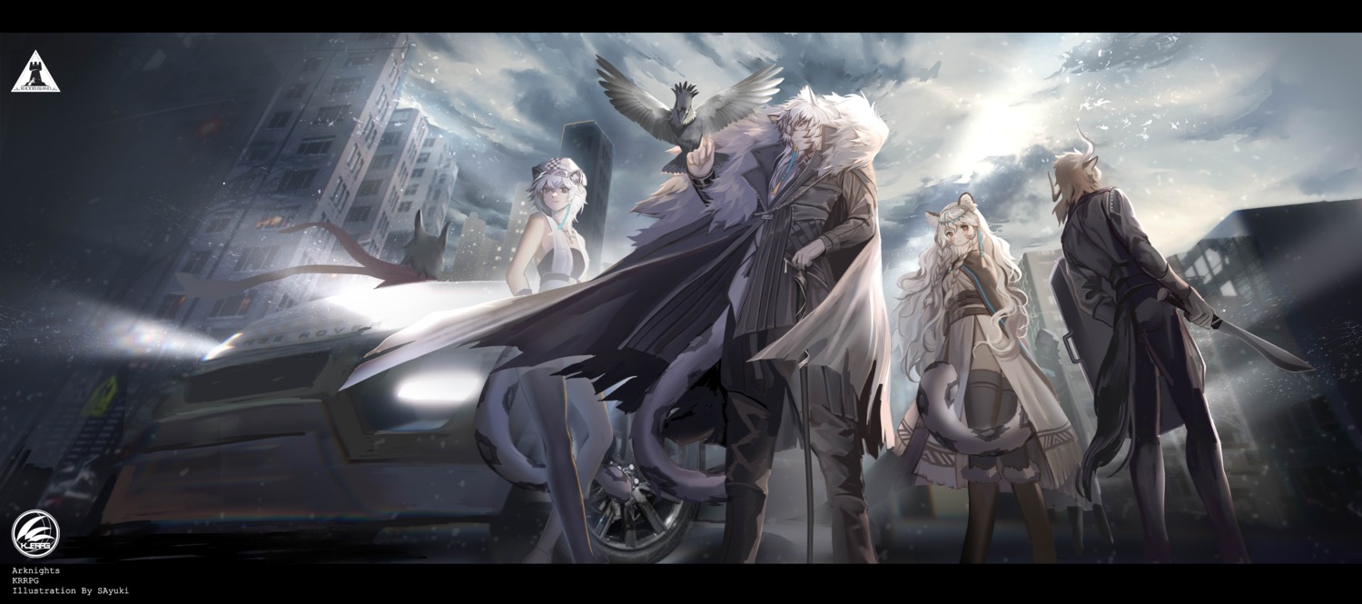 animal_ears, arknights, cliffheart_(arknights), courier_(arknights), doctor_(arknights), horns, matterhorn_(arknights), pramanix_(arknights), sa'yuki, silverash_(arknights), tail, thighhighs, uniform, weapon