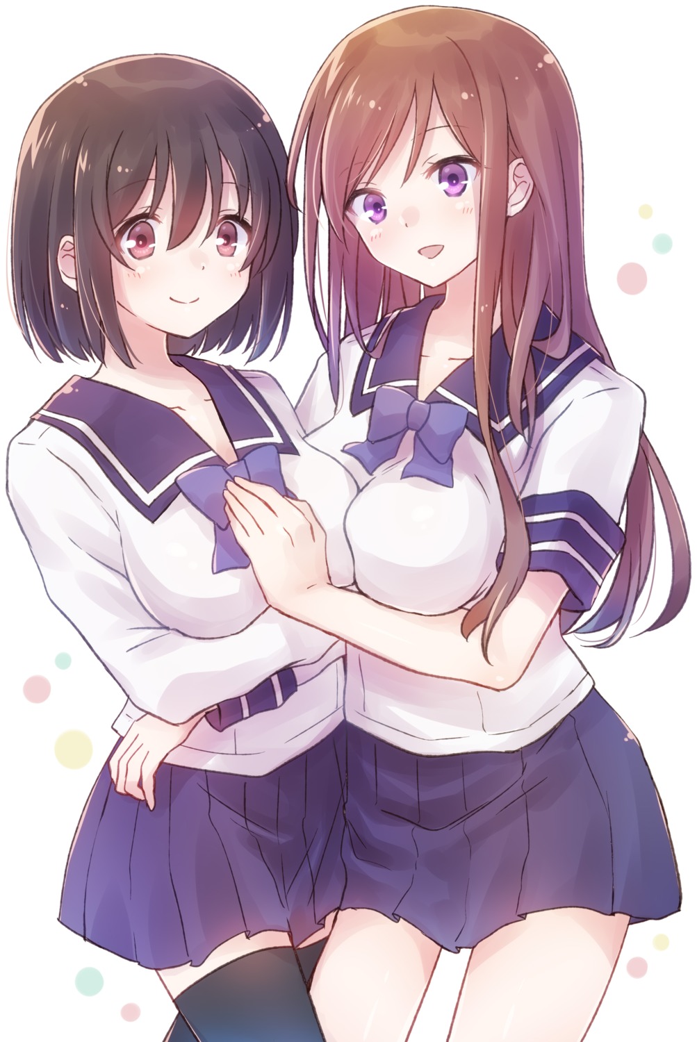 breast_hold, nyaa_(nnekoron), seifuku, thighhighs, yuri