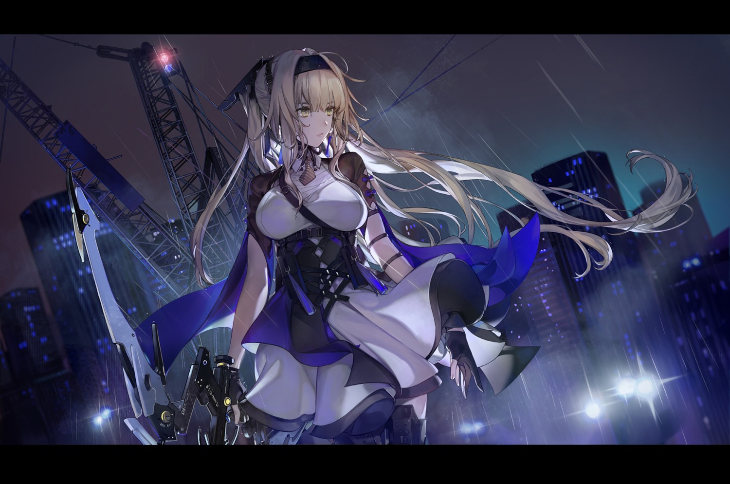 bianca_(punishing:_gray_raven), dress, ibaraki, punishing:_gray_raven, skirt_lift, thighhighs, weapon