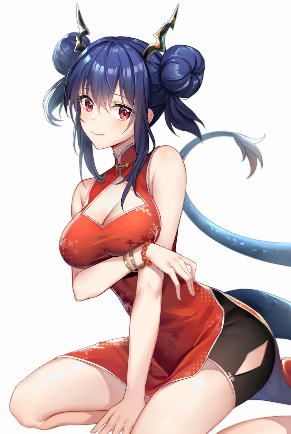 arknights, breast_hold, ch'en_(arknights), chinadress, cleavage, gun_mayoko, horns, tail