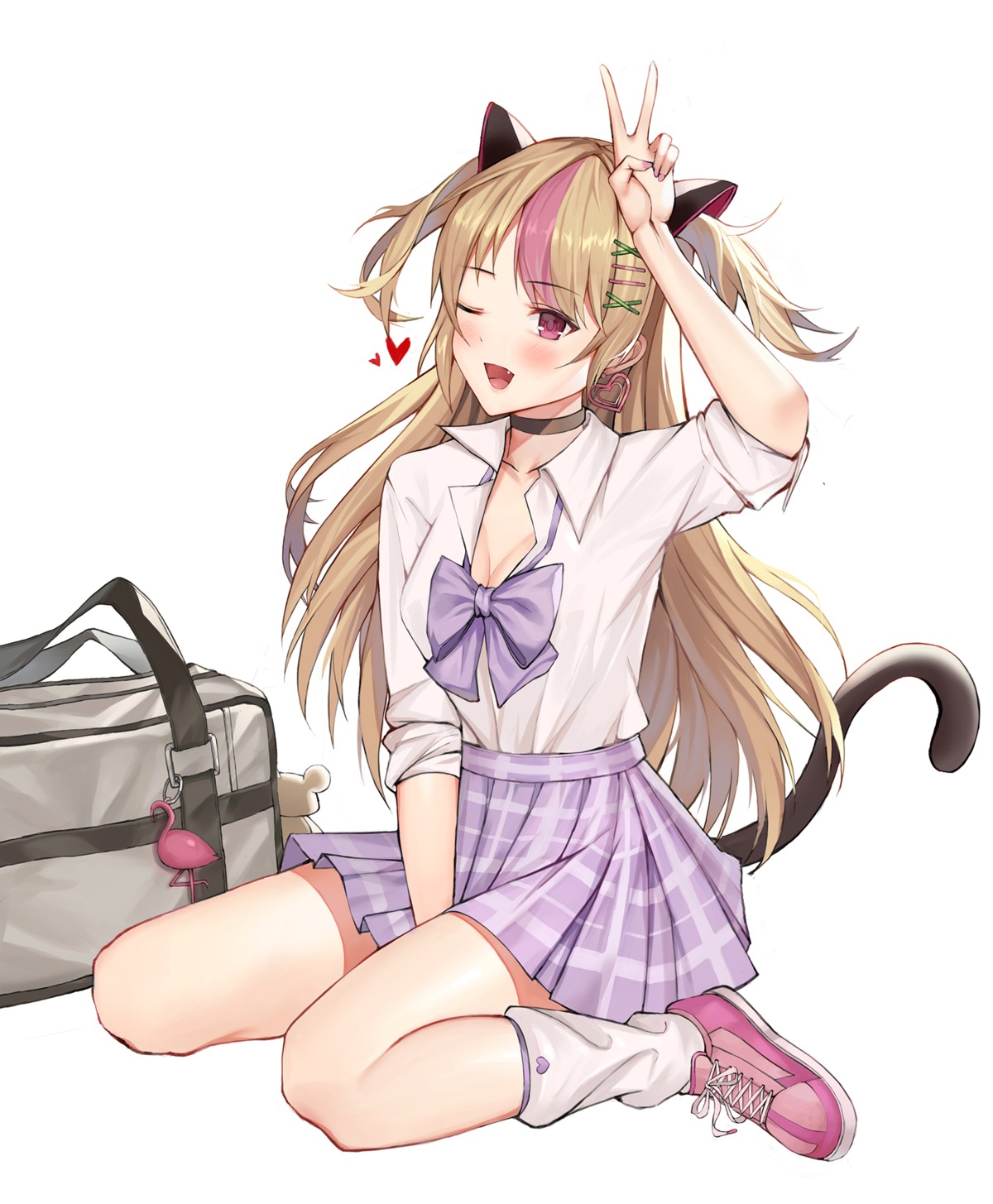 animal_ears, cleavage, girls_frontline, ilja, mk_23_(girls_frontline), open_shirt, seifuku, tail