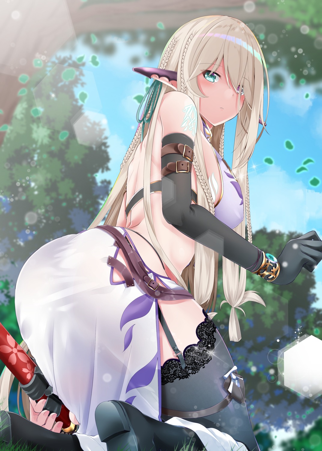 ass, elf, garter, heels, heterochromia, pointy_ears, shirosuzu, stockings, tattoo, thighhighs, weapon