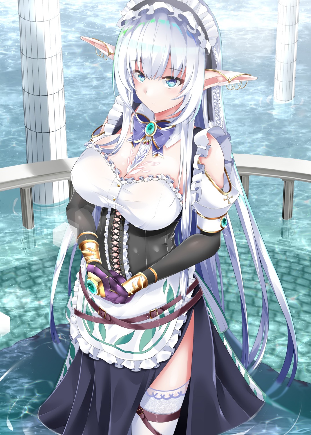 armor, cleavage, elf, garter, maid, pointy_ears, shirosuzu, tattoo, thighhighs