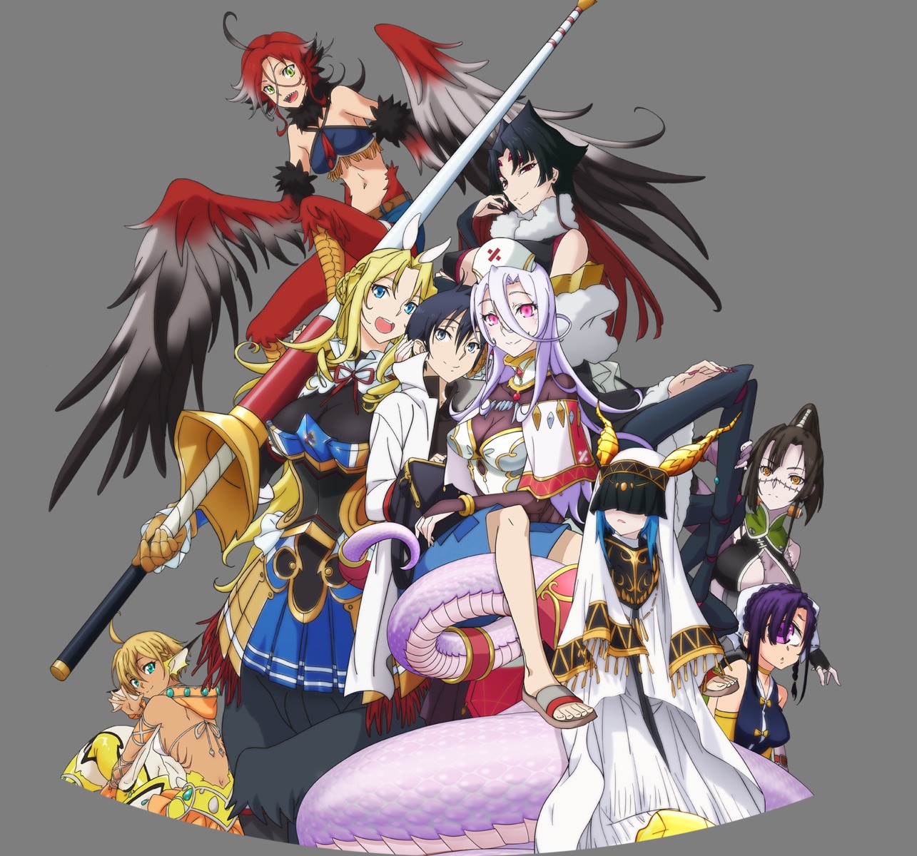 arahnia_taranterra_arachnida, armor, bikini_top, horns, illy, lulala_heine, monster_girl, monster_musume_no_oisha-san, nurse, saphentite_neikes, skadi_dragenfelt, swimsuits, tagme, tail, tisalia_scythia, weapon, wings