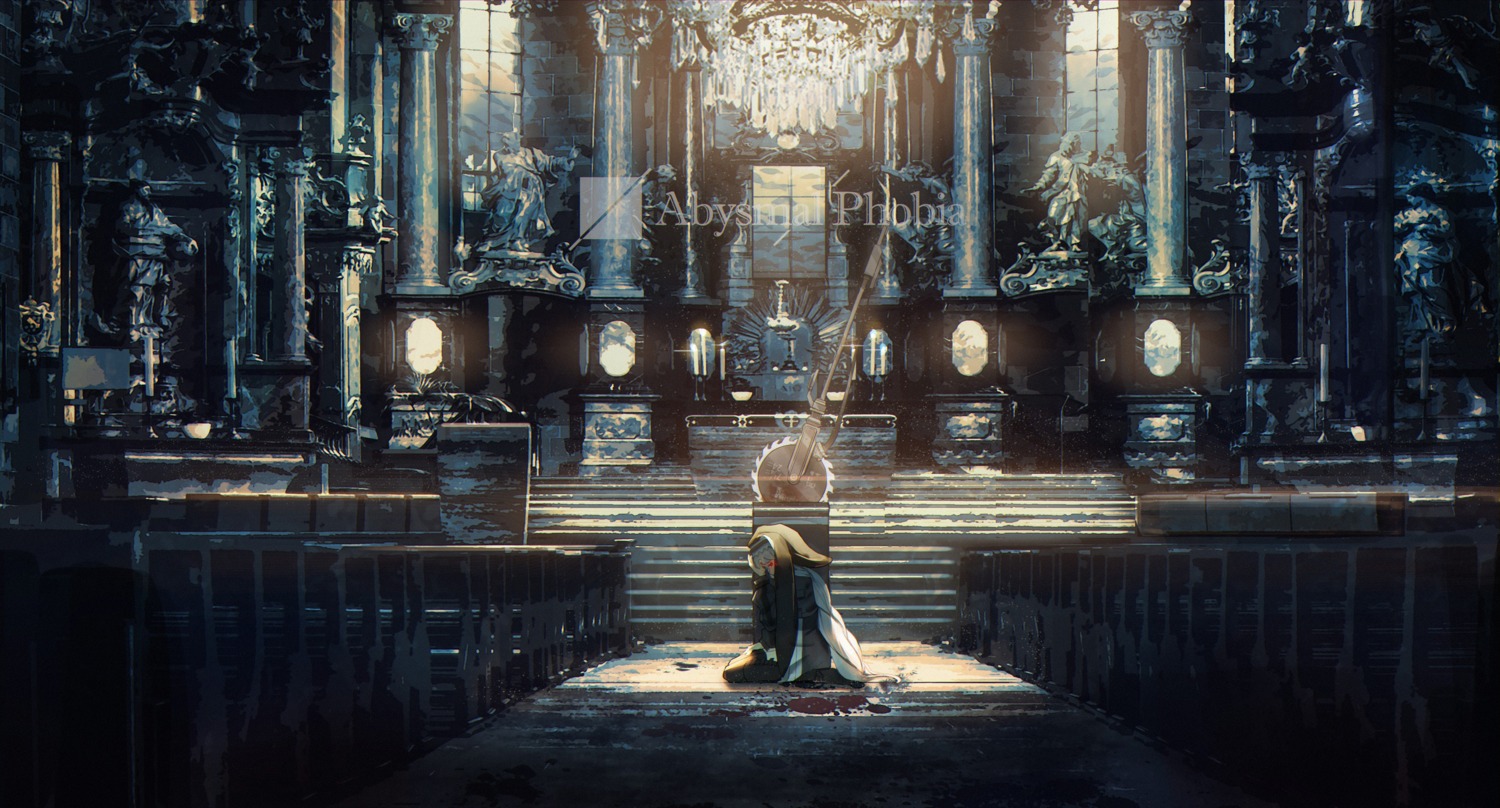 arknights, blood, landscape, mer_(pixiv38351312), nun, specter_(arknights), weapon