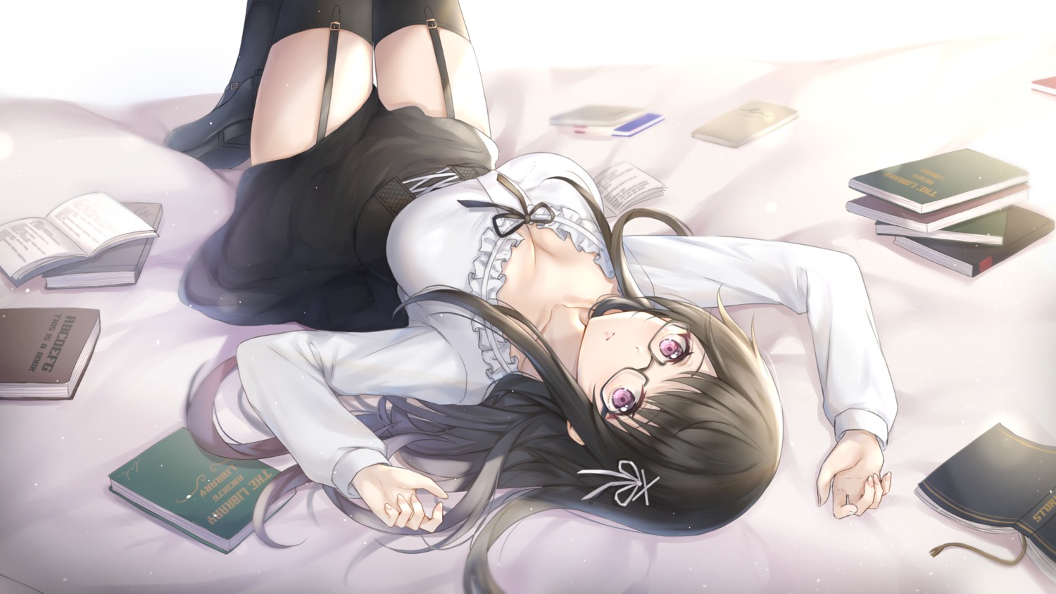 cleavage, cuna_(qunya), megane, skirt_lift, stockings, thighhighs, wallpaper