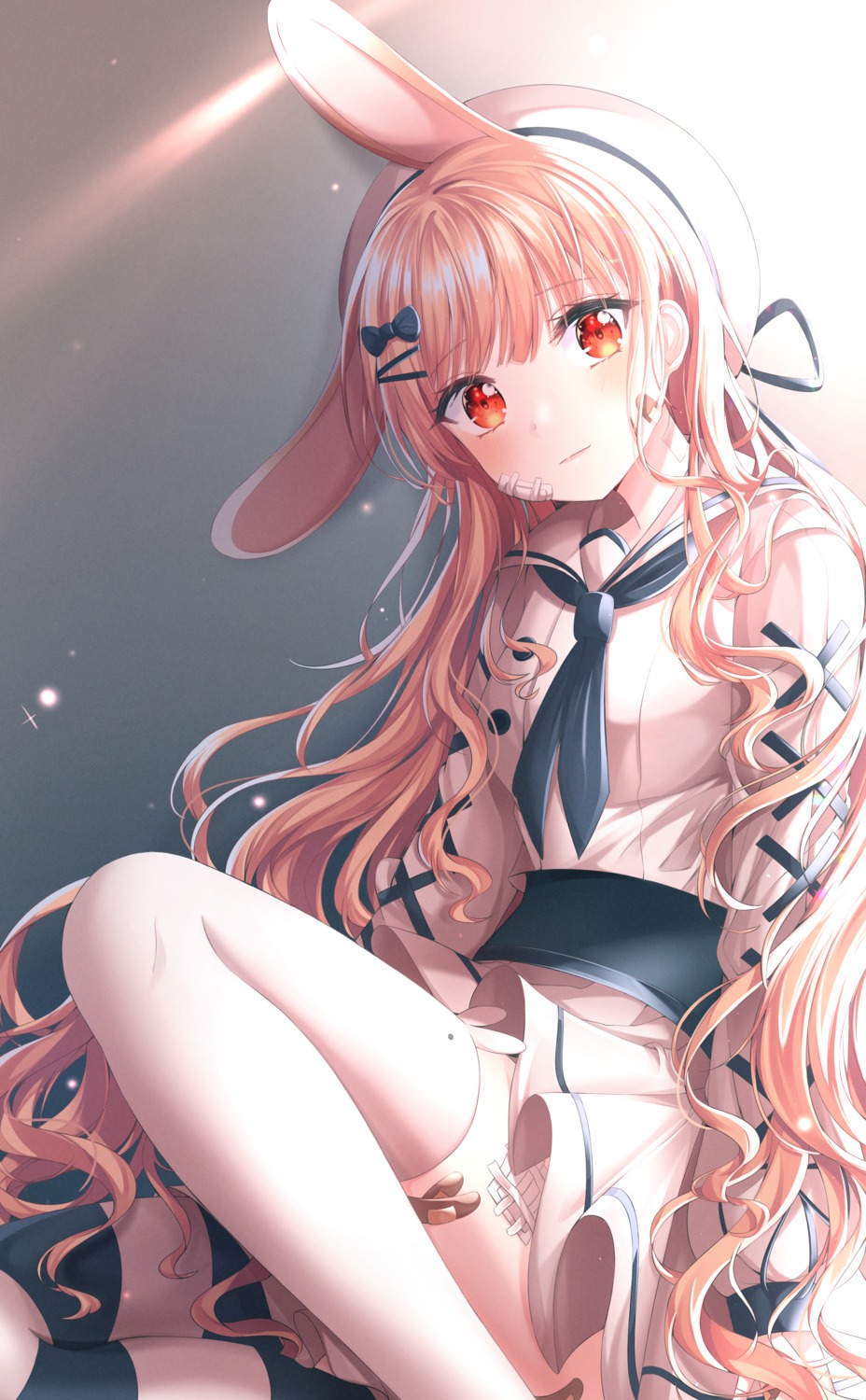 animal_ears, bandaid, bunny_ears, seifuku, skirt_lift, thighhighs, umyo_(uu_o3o_8)