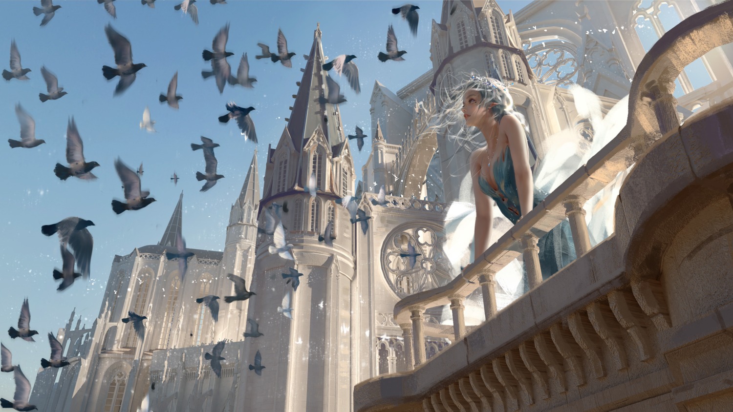 cleavage, dress, ghostblade, landscape, no_bra, pointy_ears, wlop, yan_haiqin