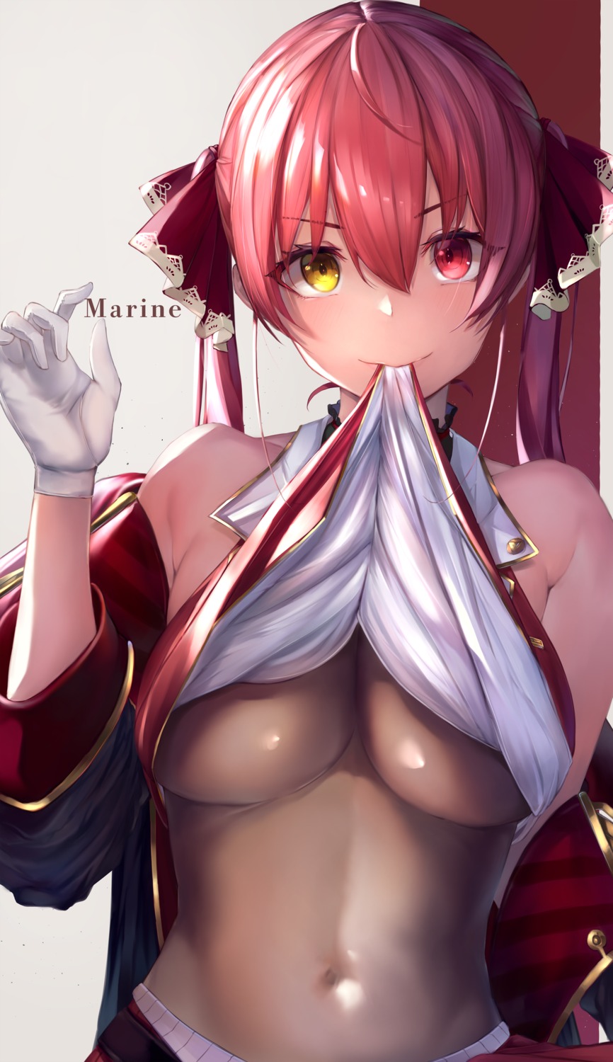 heterochromia, hololive, houshou_marine, leotard, mugimaccha, no_bra, see_through, shirt_lift
