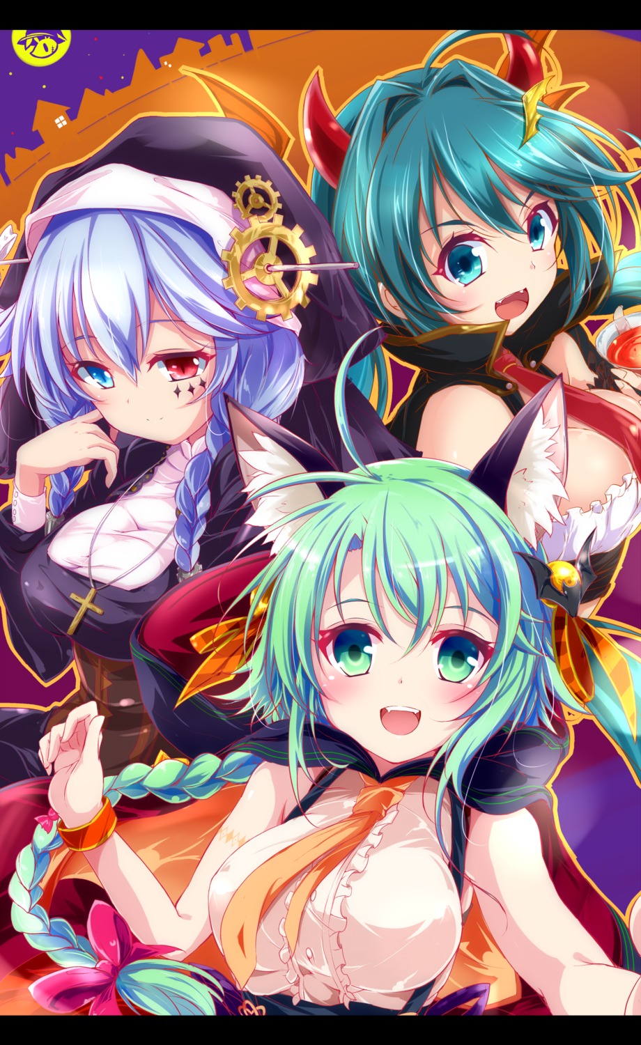 animal_ears, crash_fever, halloween, heterochromia, horns, kronecker_(crash_fever), laplace_(crash_fever), nanaume_(shichimi_tougarashi)
