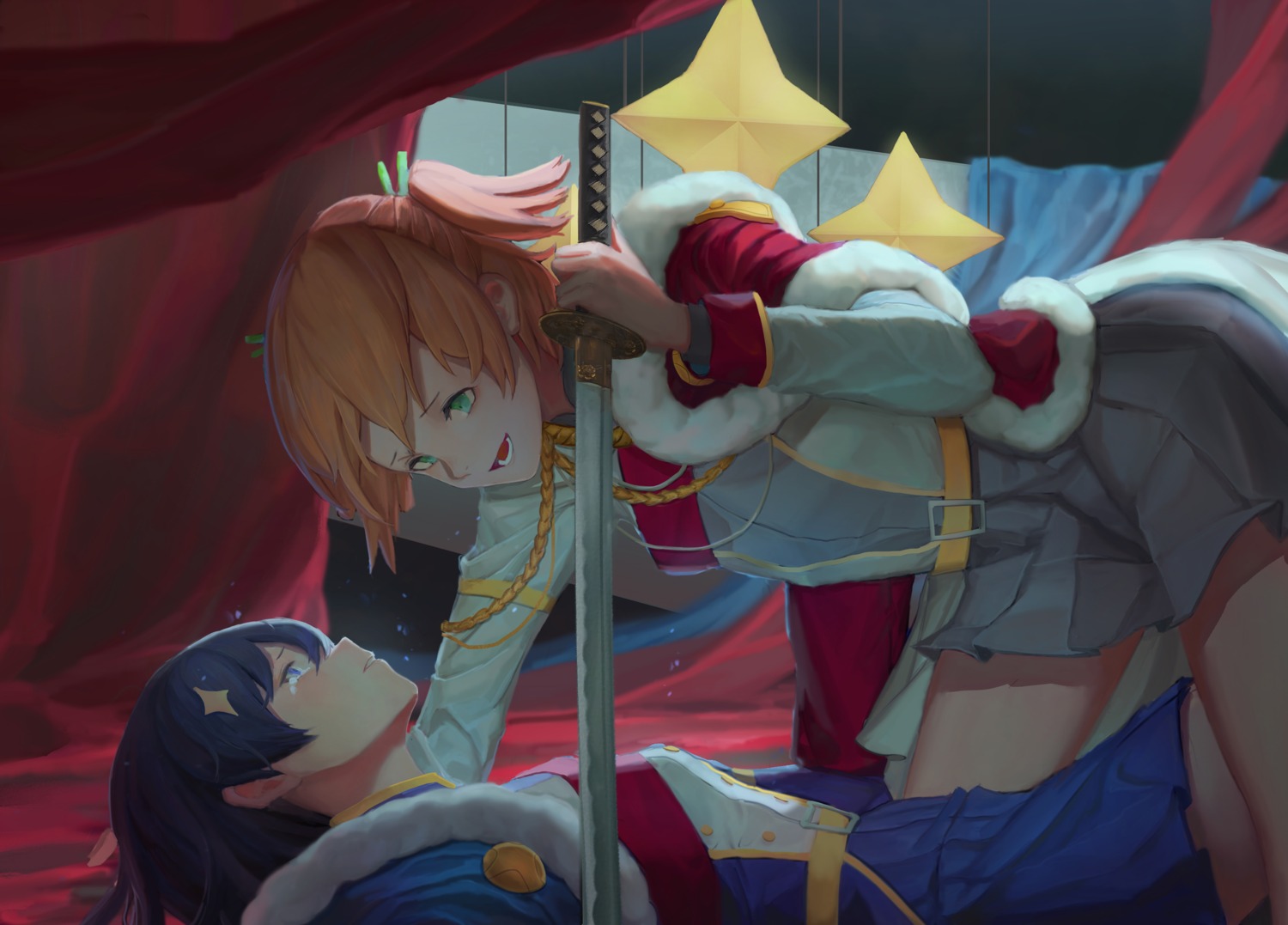 aijou_karen, cutye, kagura_hikari, shoujo_kageki_revue_starlight, sword, uniform, yuri