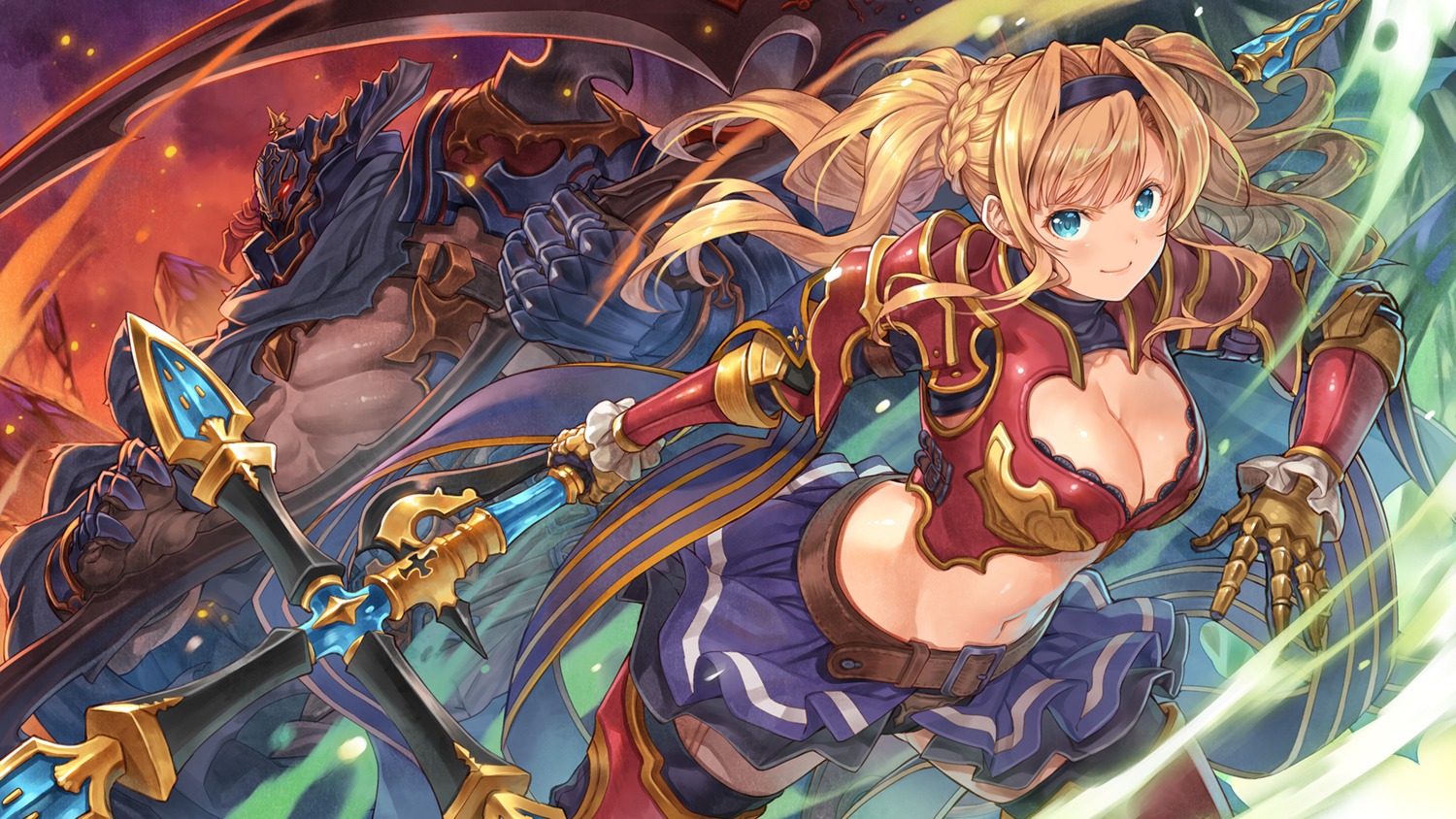 armor, cleavage, granblue_fantasy, hagure_keg, skirt_lift, thighhighs, vaseraga_(granblue_fantasy), wallpaper, weapon, zeta_(granblue_fantasy)