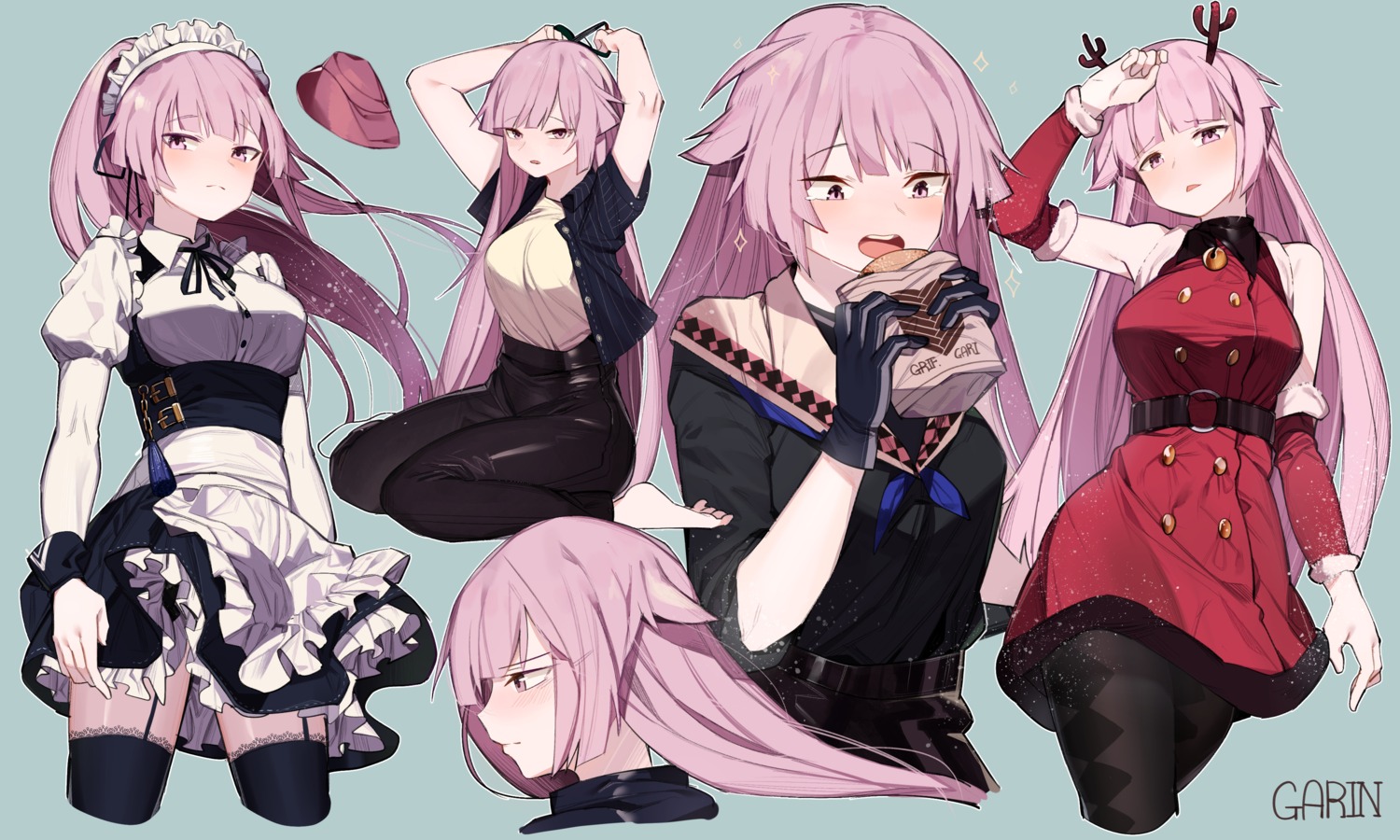 garin, girls_frontline, horns, maid, ntw-20_(girls_frontline), pantyhose, stockings, thighhighs
