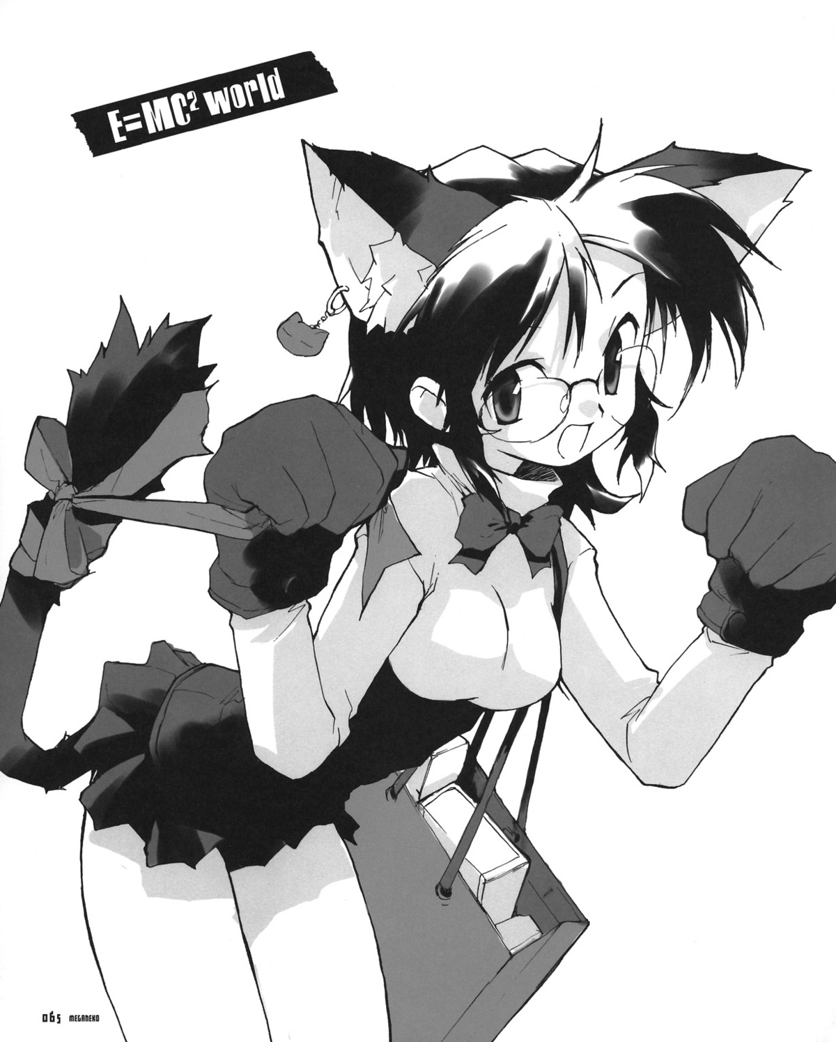 animal_ears, e=mc2, megane, monochrome, nekomimi