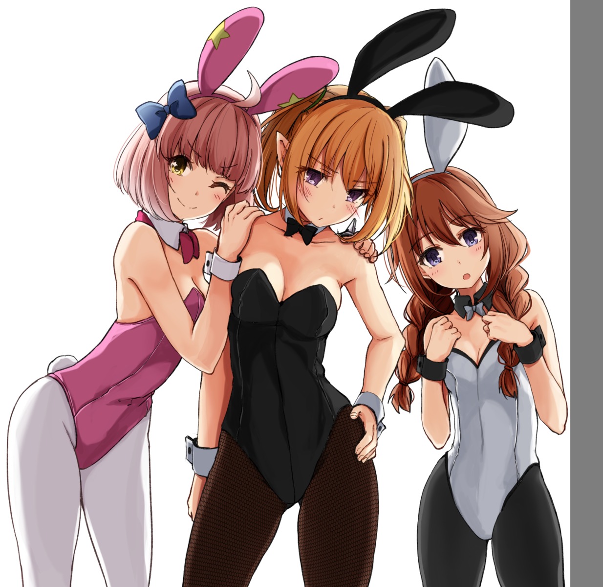 animal_ears, breast_hold, bunny_ears, bunny_girl, cleavage, hako_roku, kazama_chieru, kuroe_hanako, pantyhose, pointy_ears, princess_connect!, princess_connect!_re:dive, shingyouji_yuni, tail