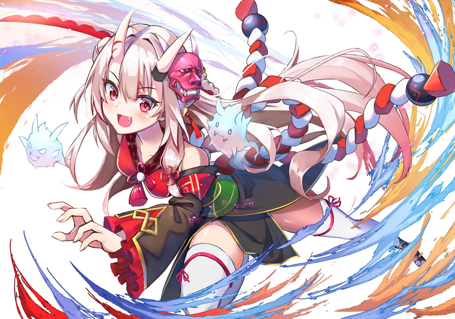 agibe, hololive, horns, japanese_clothes, nakiri_ayame, thighhighs