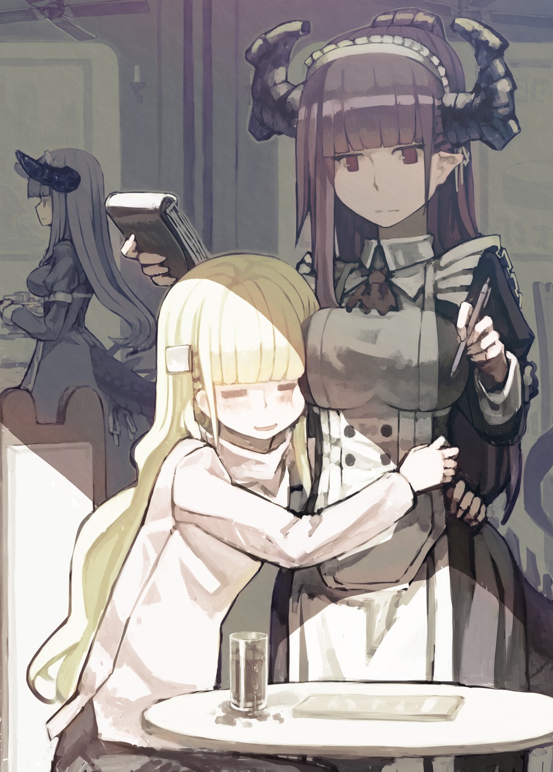 breast_hold, horns, maid, pointy_ears, tail, tefec, waitress, yuri