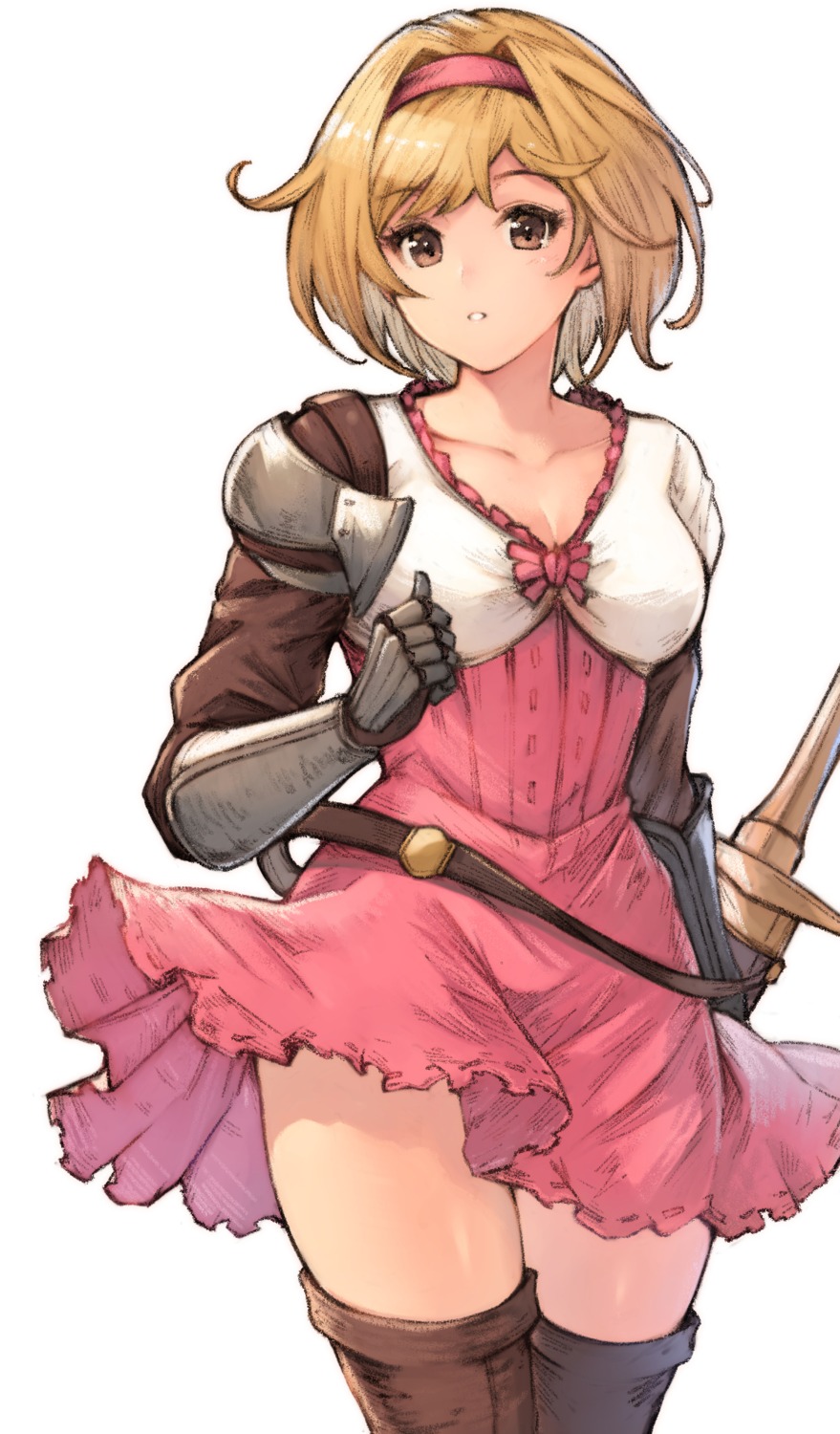 armor, cleavage, djeeta_(granblue_fantasy), dress, granblue_fantasy, koretsuki_azuma, skirt_lift, sword