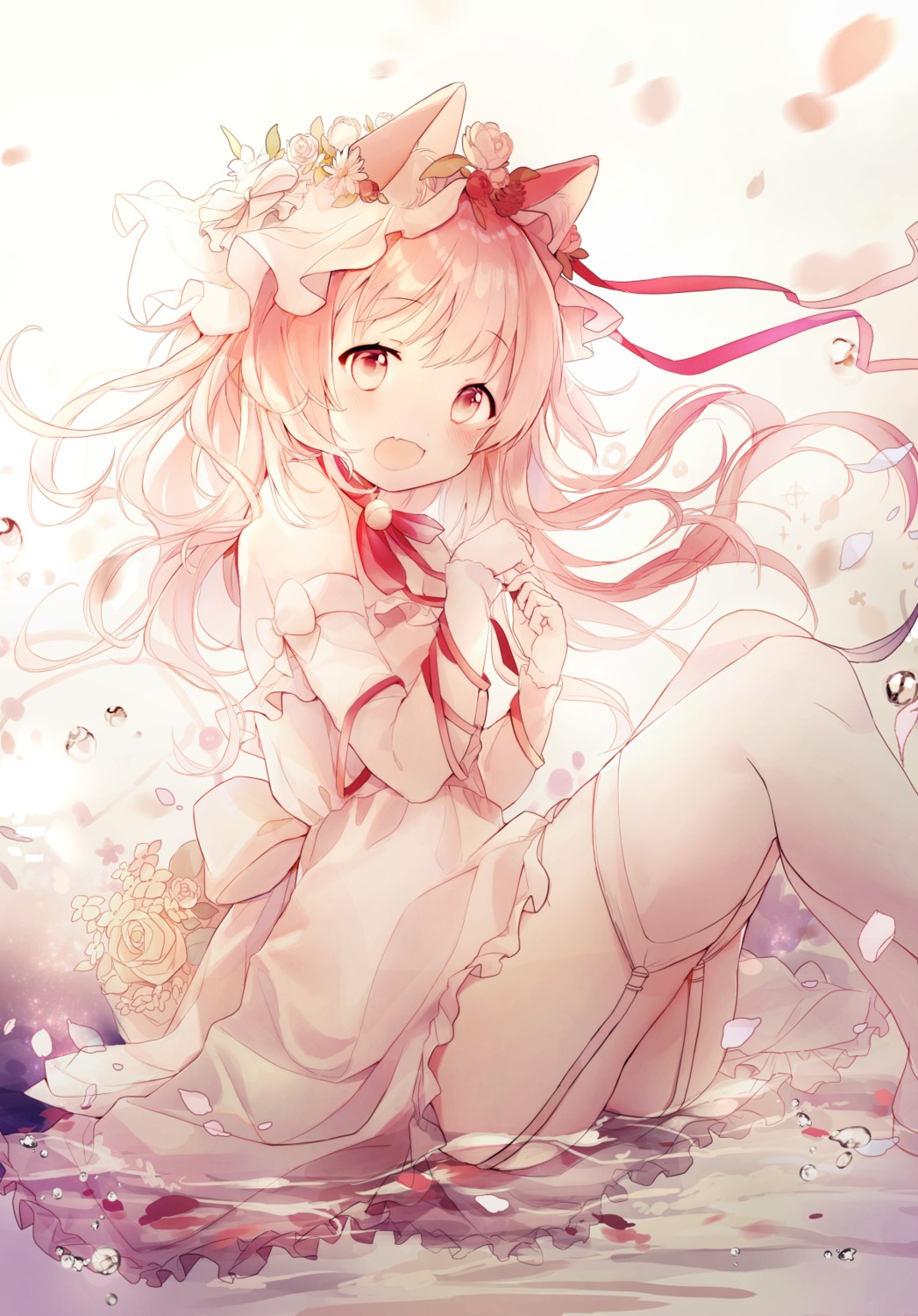 amafuyu, animal_ears, dress, nekomimi, skirt_lift, stockings, thighhighs, wet