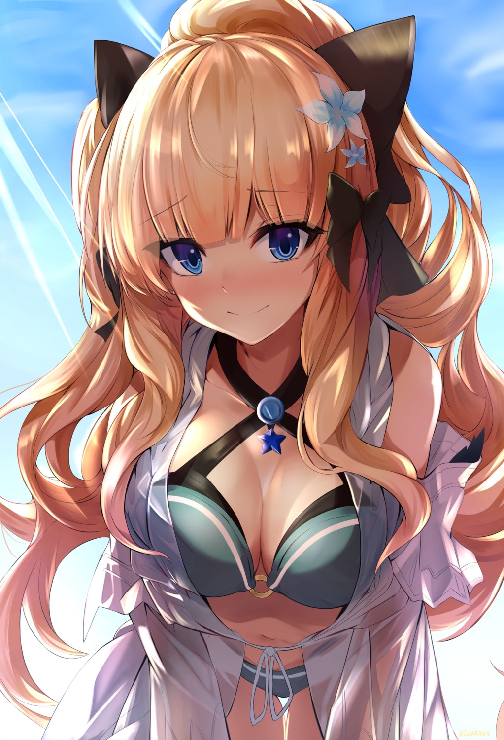 bikini, cleavage, mamezou_(tzakki023), open_shirt, princess_connect!, princess_connect!_re:dive, sasaki_saren, see_through, swimsuits