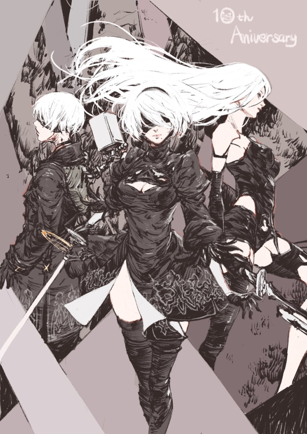 cleavage, dress, kazama_raita, mecha_musume, nier, nier_automata, sword, thighhighs