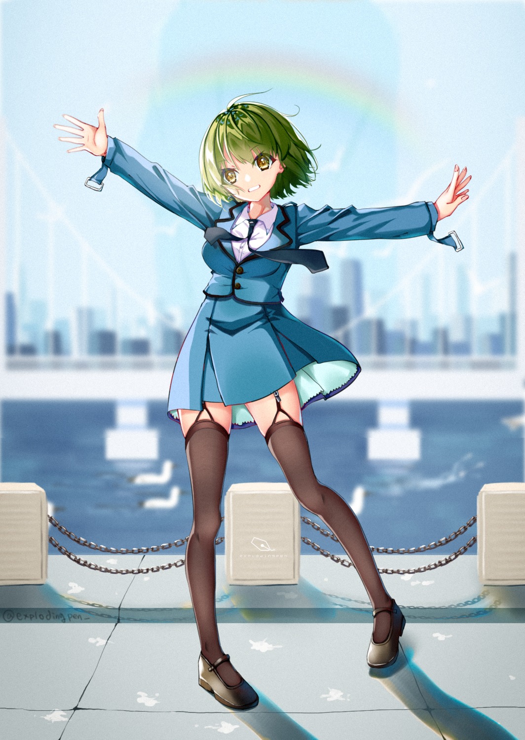mahou_shounen, seifuku, skirt_lift, stockings, thighhighs