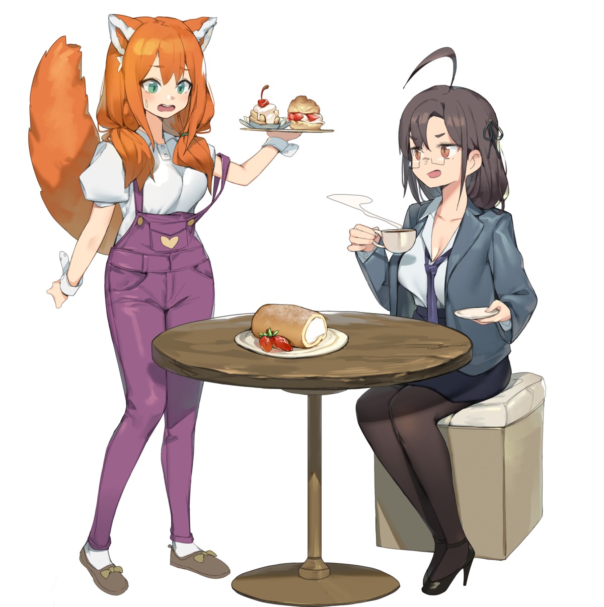 animal_ears, business_suit, cleavage, heels, megane, overalls, pantyhose, romana