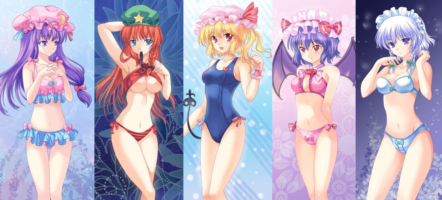 bikini, flandre_scarlet, hong_meiling, izayoi_sakuya, patchouli_knowledge, pico_(artist), remilia_scarlet, swimsuits