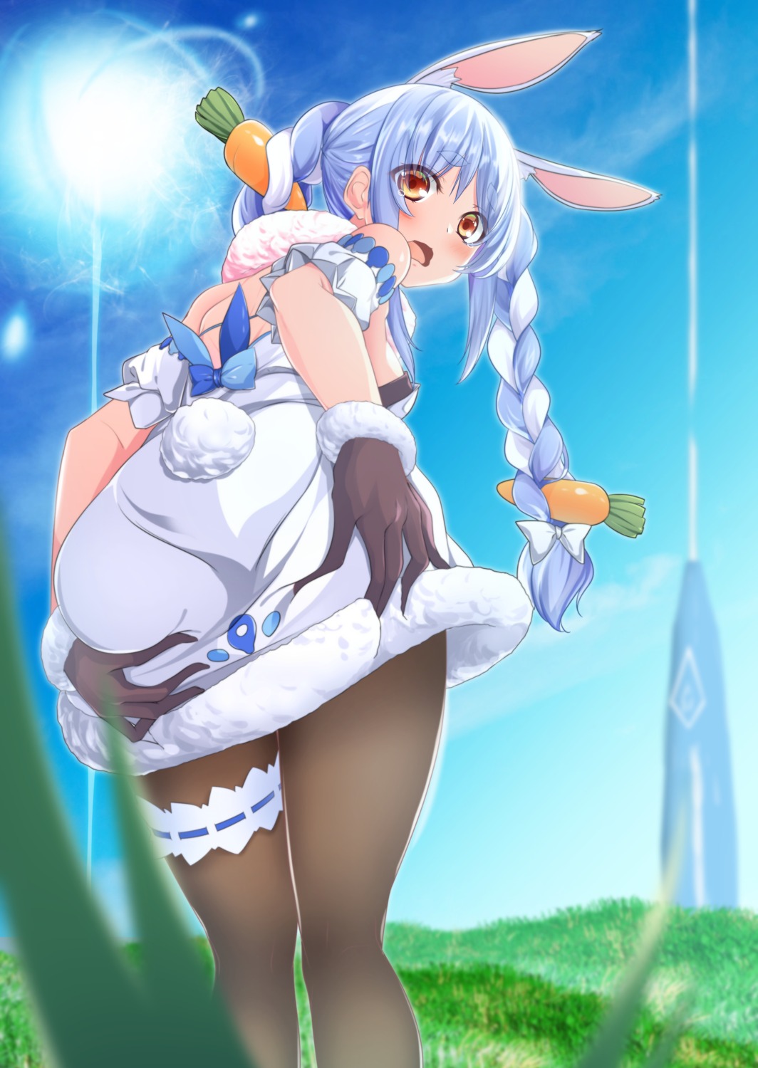 animal_ears, ass, bunny_ears, bunny_girl, garter, hololive, noumin, pantyhose, skirt_lift, usada_pekora