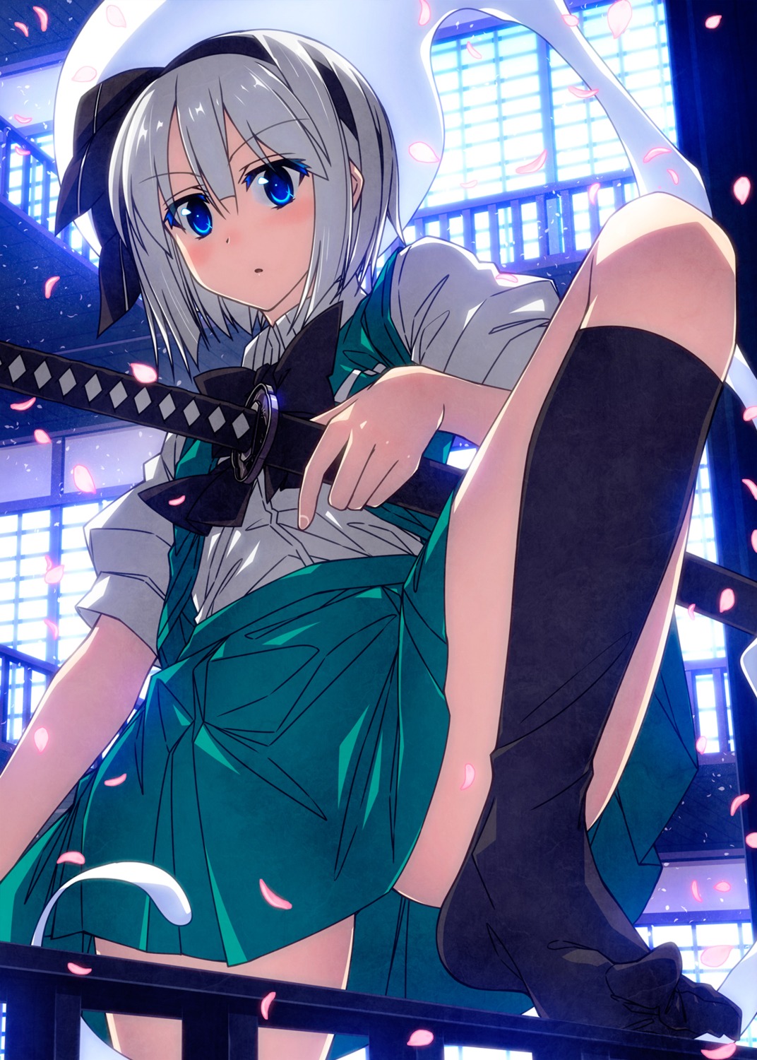 feet, konpaku_youmu, myon, sazanami_mio, skirt_lift, sword, touhou
