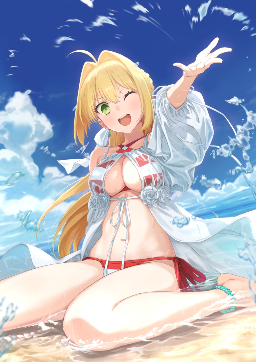 bikini, dress, fate/grand_order, nero_claudius_(fate), open_shirt, see_through, swimsuits, tuchinokoeffect