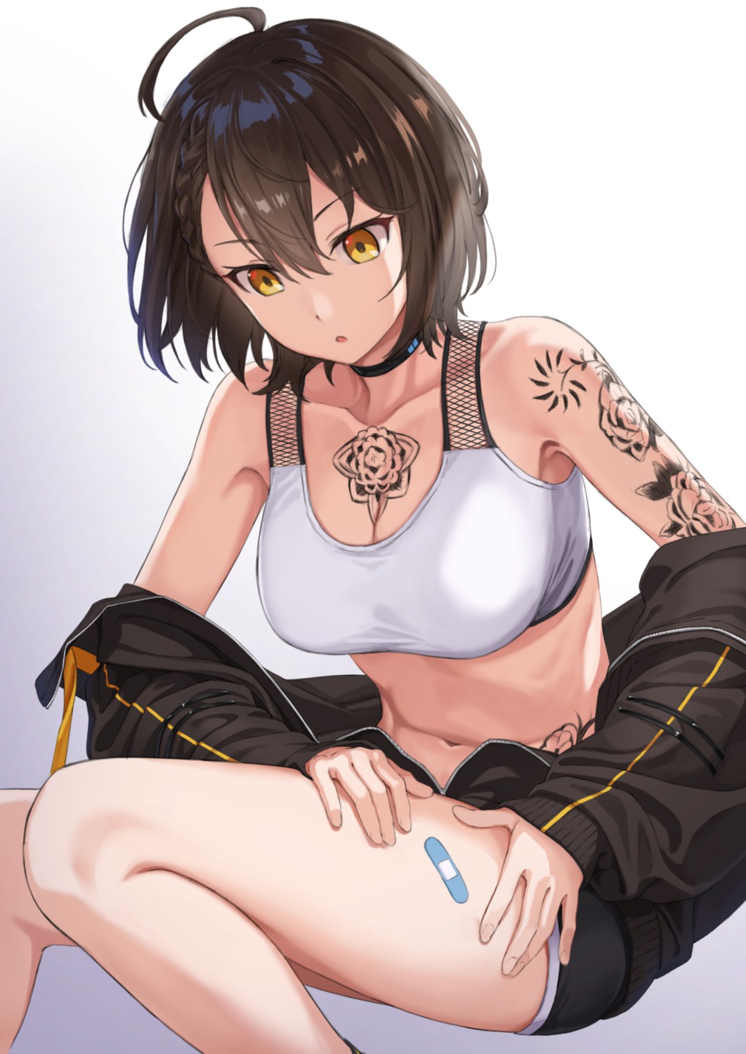 azur_lane, baltimore_(azur_lane), bandaid, bra, cleavage, open_shirt, tattoo, tuchinokoeffect
