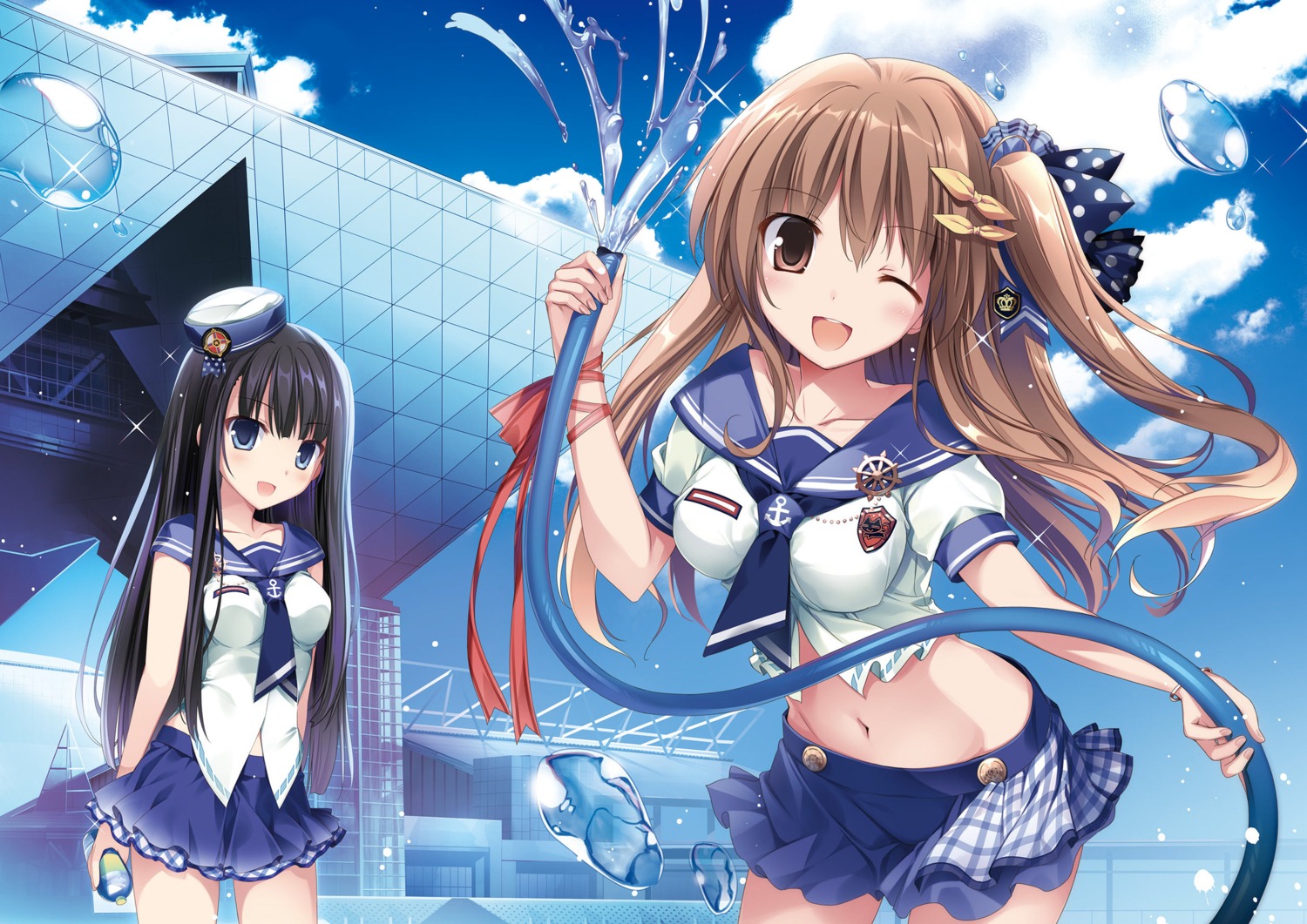 aomi_maika, karory, seifuku, skirt_lift, tsukiishi_koyuki