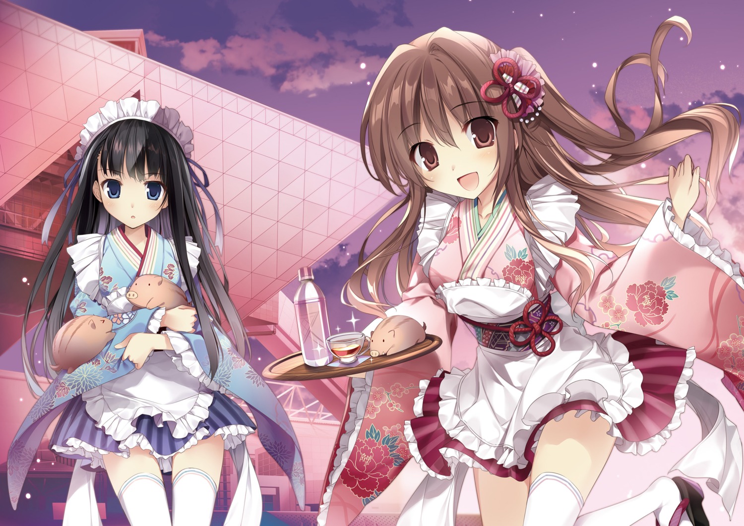 aomi_maika, karory, maid, thighhighs, tsukiishi_koyuki, wa_maid, waitress