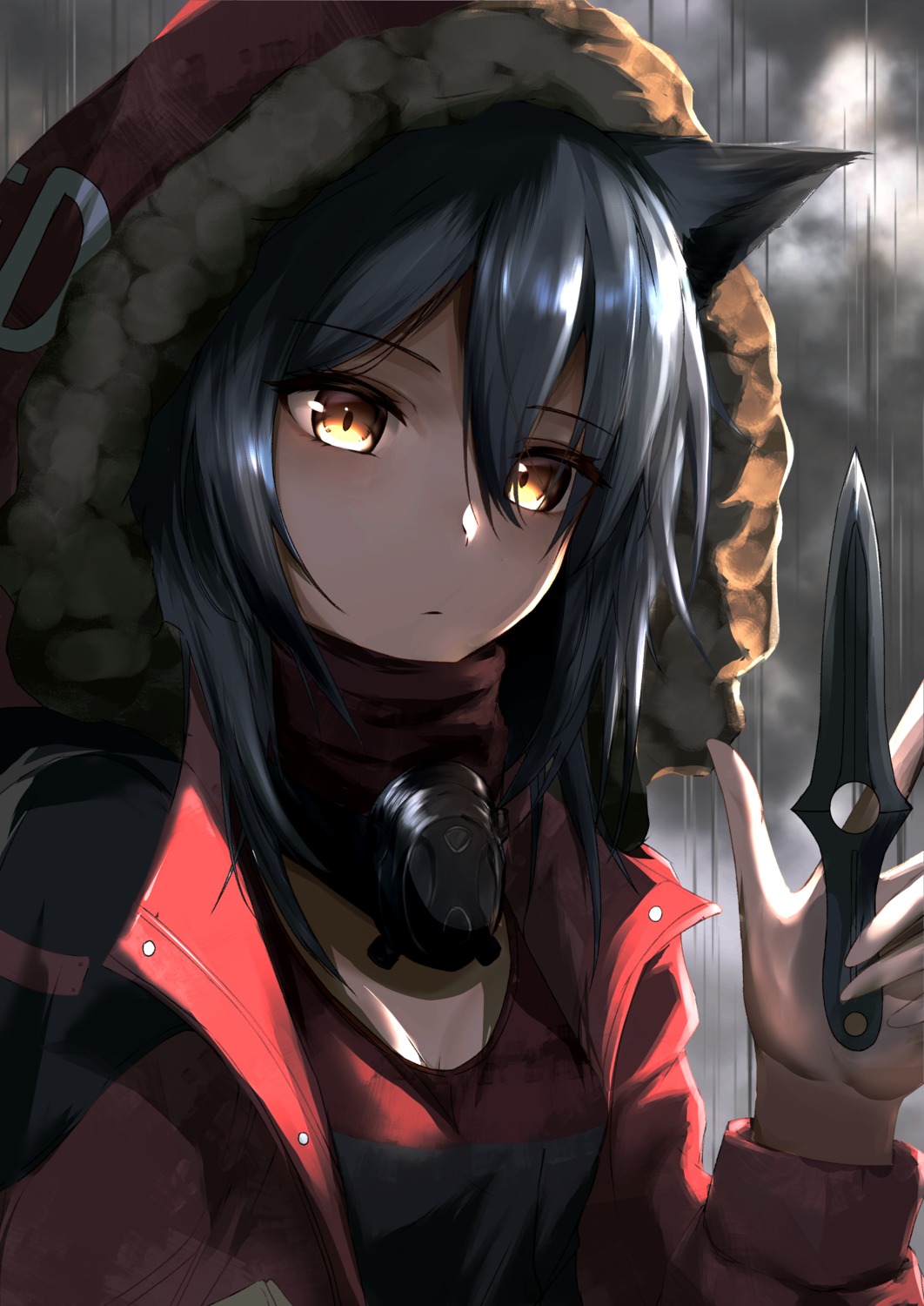 animal_ears, arknights, cleavage, kiyakyuu, projekt_red_(arknights), weapon