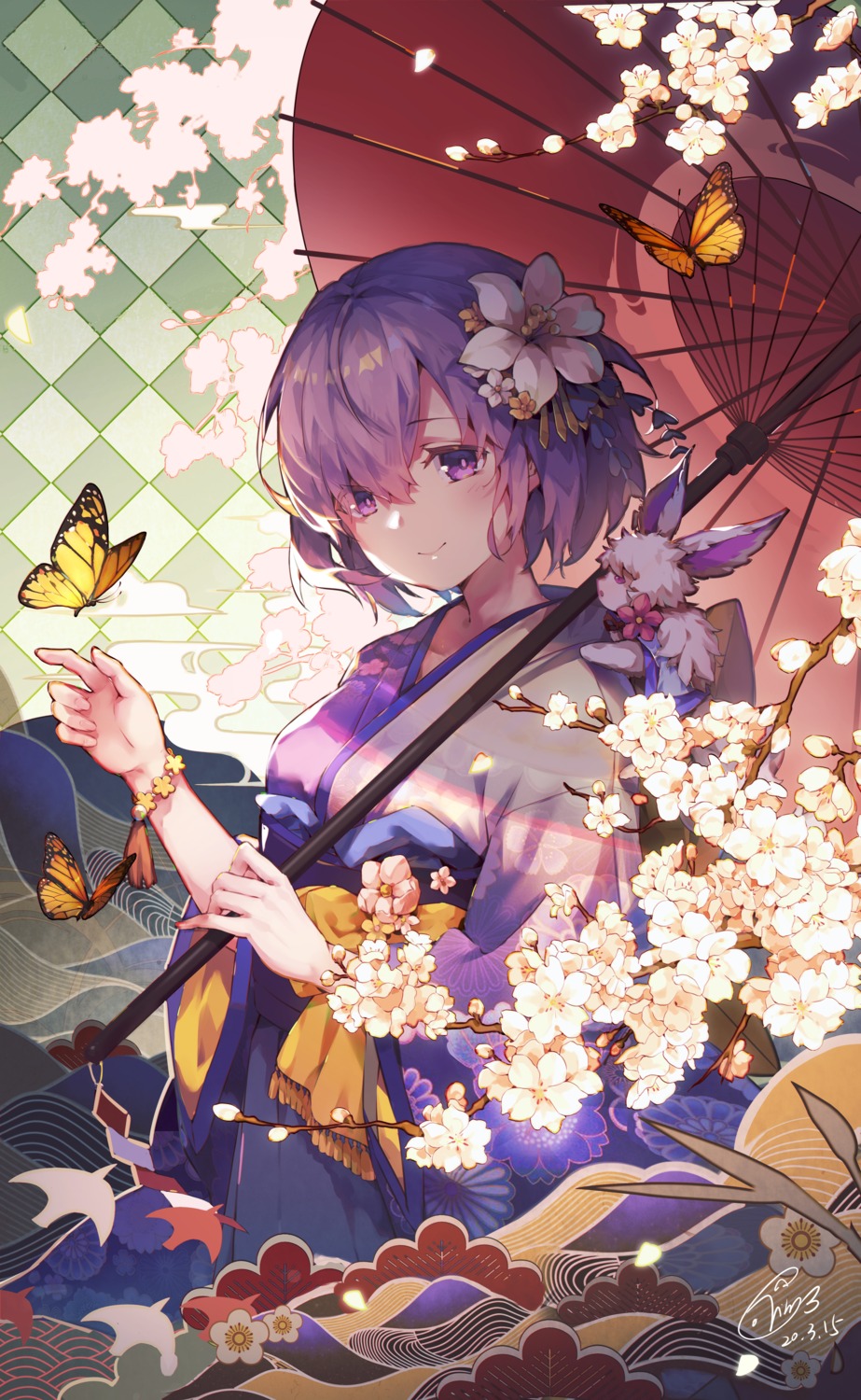 fate/grand_order, japanese_clothes, mash_kyrielight, tirara, umbrella
