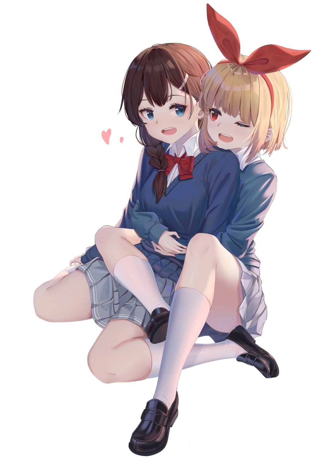 kokura_hikari, mobu_(wddtfy61), rifle_is_beautiful, seifuku, shibusawa_izumi, skirt_lift, sweater, yuri
