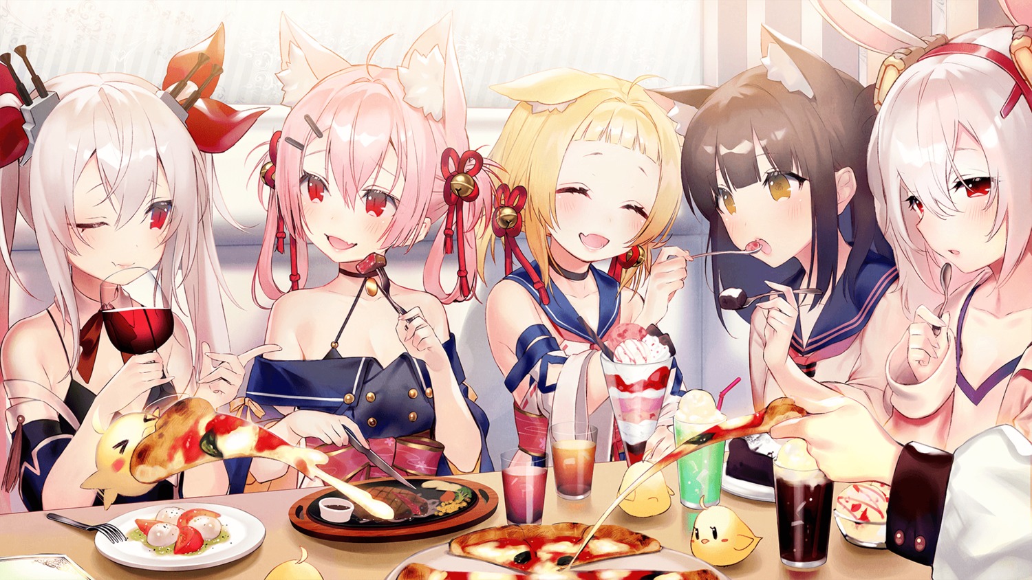animal_ears, ariake_(azur_lane), asagi_yuna, azur_lane, bunny_ears, cleavage, hatsushimo_(azur_lane), laffey_(azur_lane), nekomimi, seifuku, vampire_(azur_lane), yuugure_(azur_lane)
