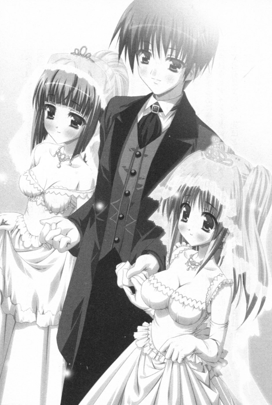 amakawa_akito, cleavage, dress, monochrome, wedding_dress